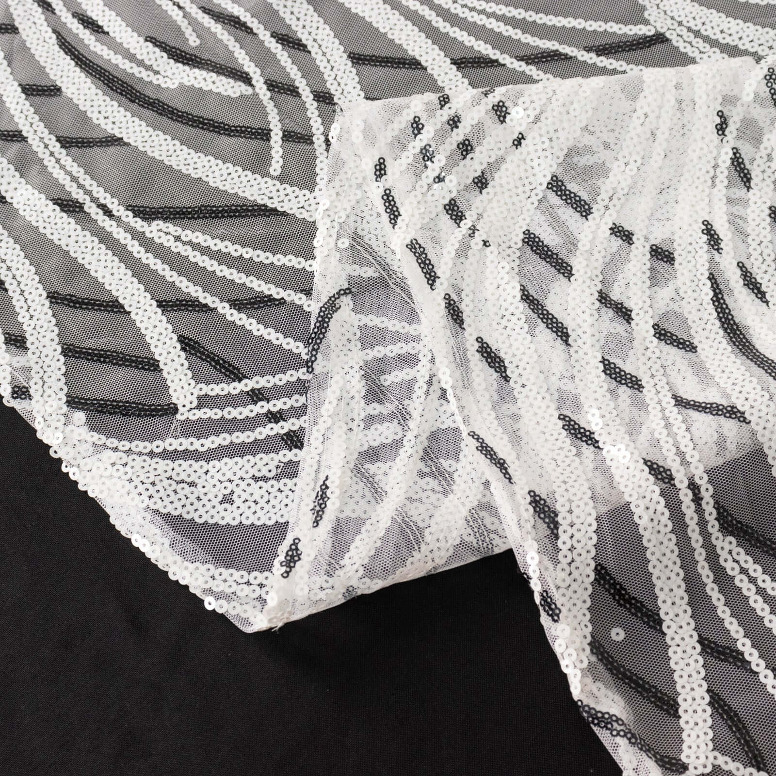 Mesh 72"x72" Table Overlay Square Tablecloth White Black - Wave Embroidered Sequins Table Topper