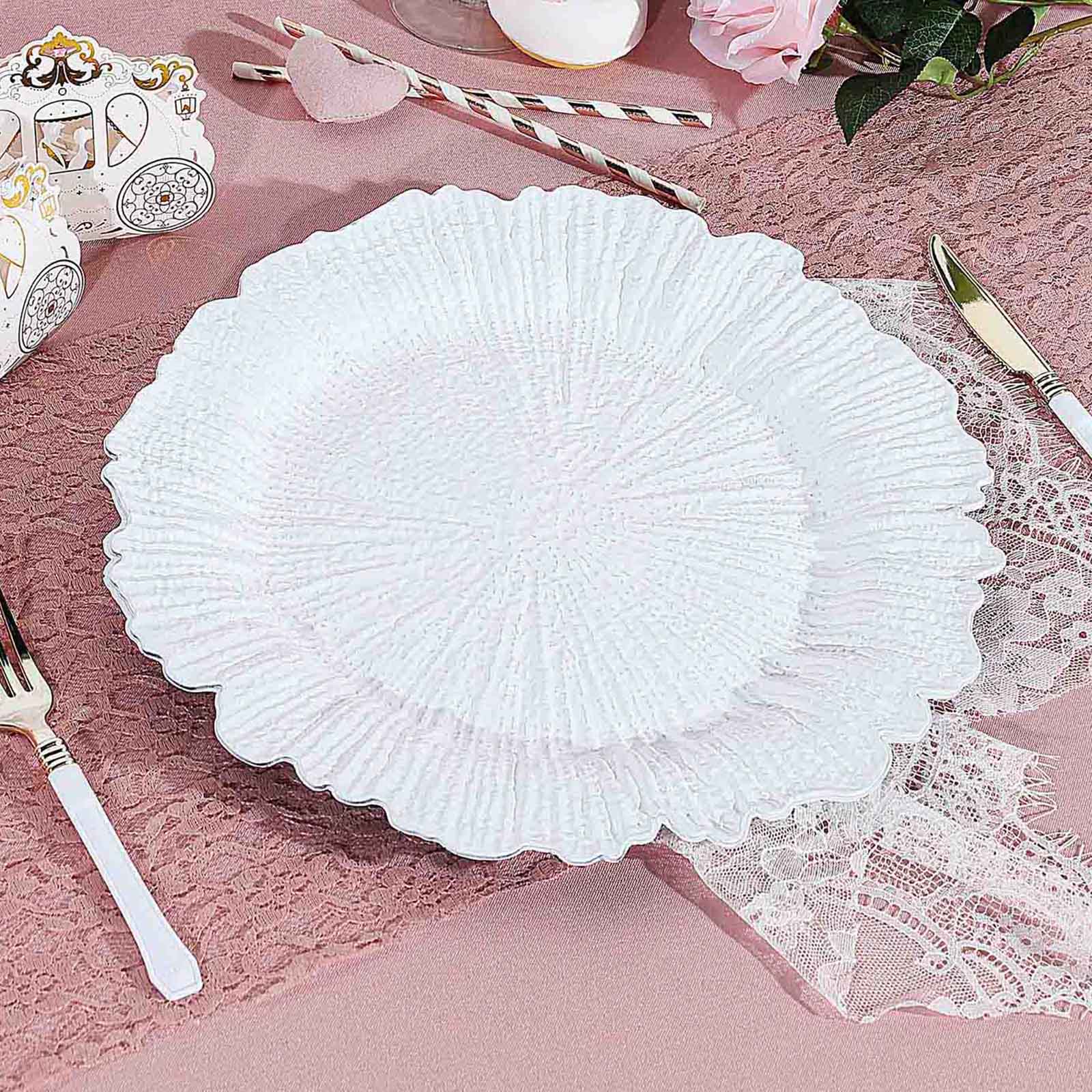 6-Pack Acrylic Plastic Round Charger Plates 13" in White with Reef Design, Classy Dinner Party Charger Tableware