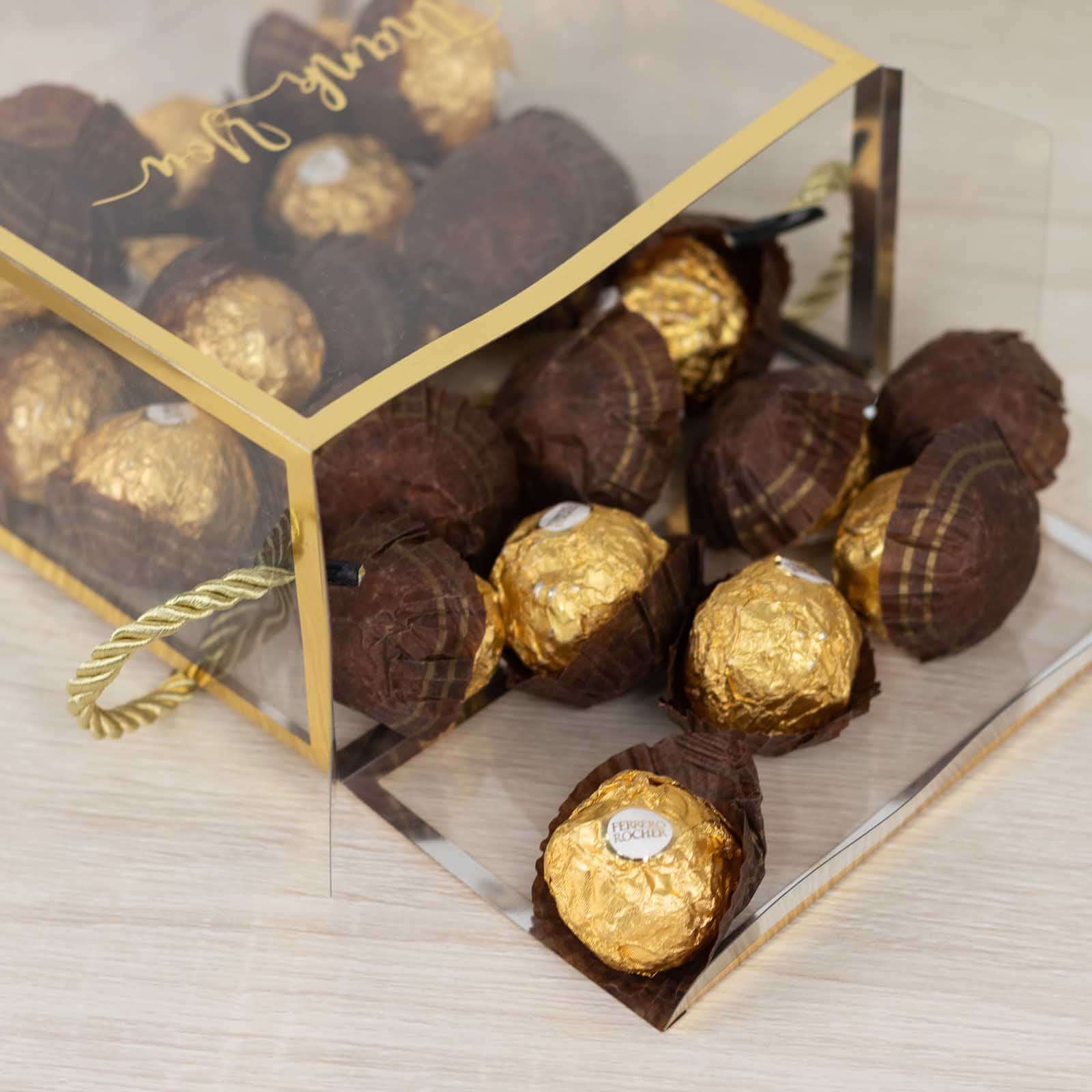 25 Pack Gold Trimmed Clear PVC Gift Boxes with Rope Handles and Thank You Print, Transparent Portable Candy Favor Boxes - 5.5"x5.5"