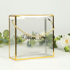 25 Pack Gold Trimmed Clear PVC Gift Boxes with Rope Handles and Thank You Print, Square Transparent Portable Candy Favor Boxes - 8"x8"