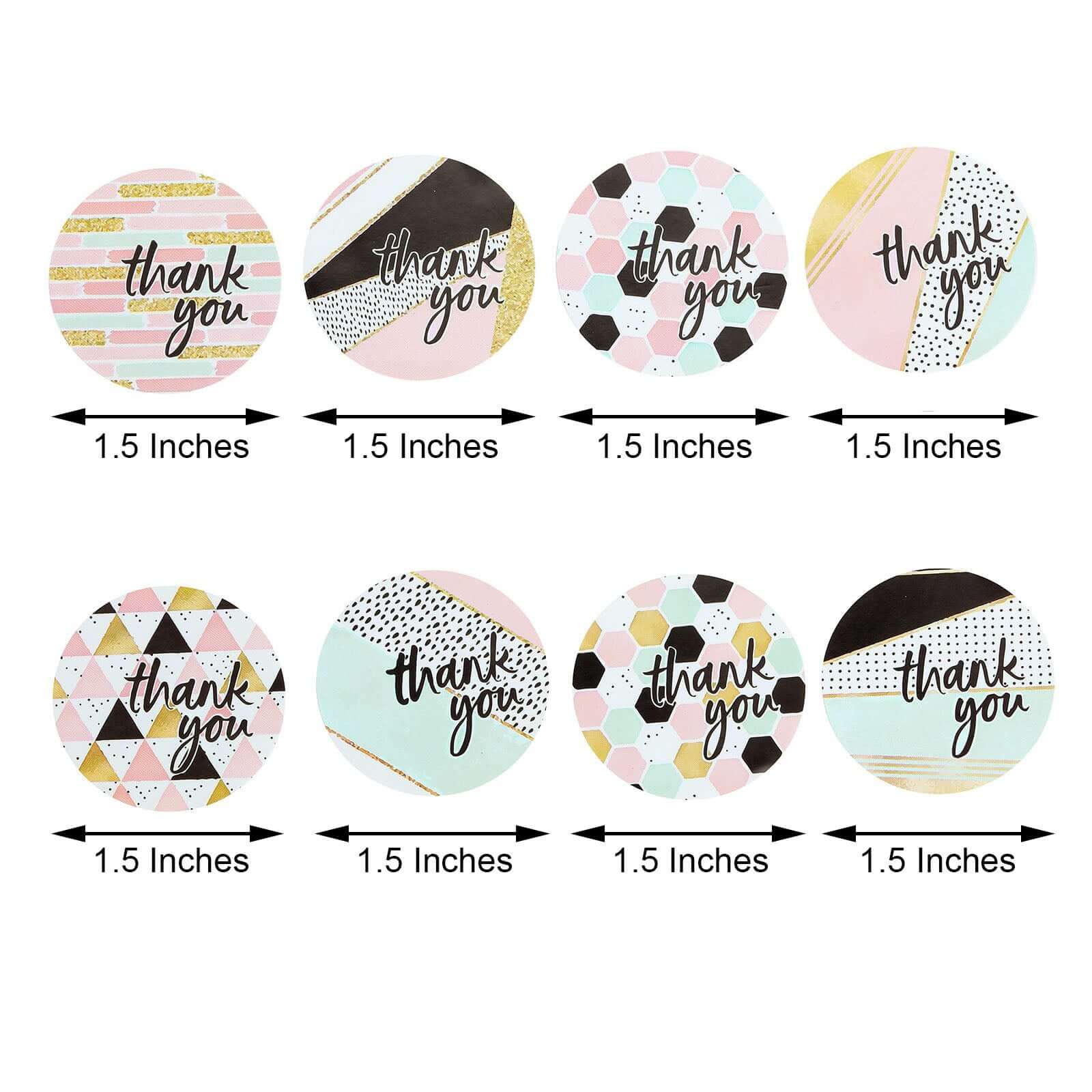 500Pcs 1.5" Thank You Black White Gold Pink Glam Stickers Roll, Labels For DIY Envelope Seal Assorted Geometric Design - Round