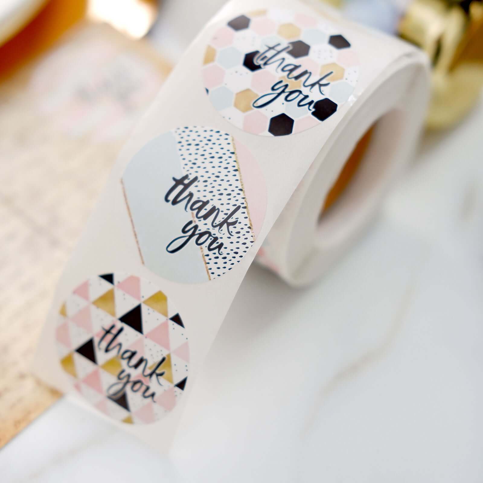 500Pcs 1.5" Thank You Black White Gold Pink Glam Stickers Roll, Labels For DIY Envelope Seal Assorted Geometric Design - Round