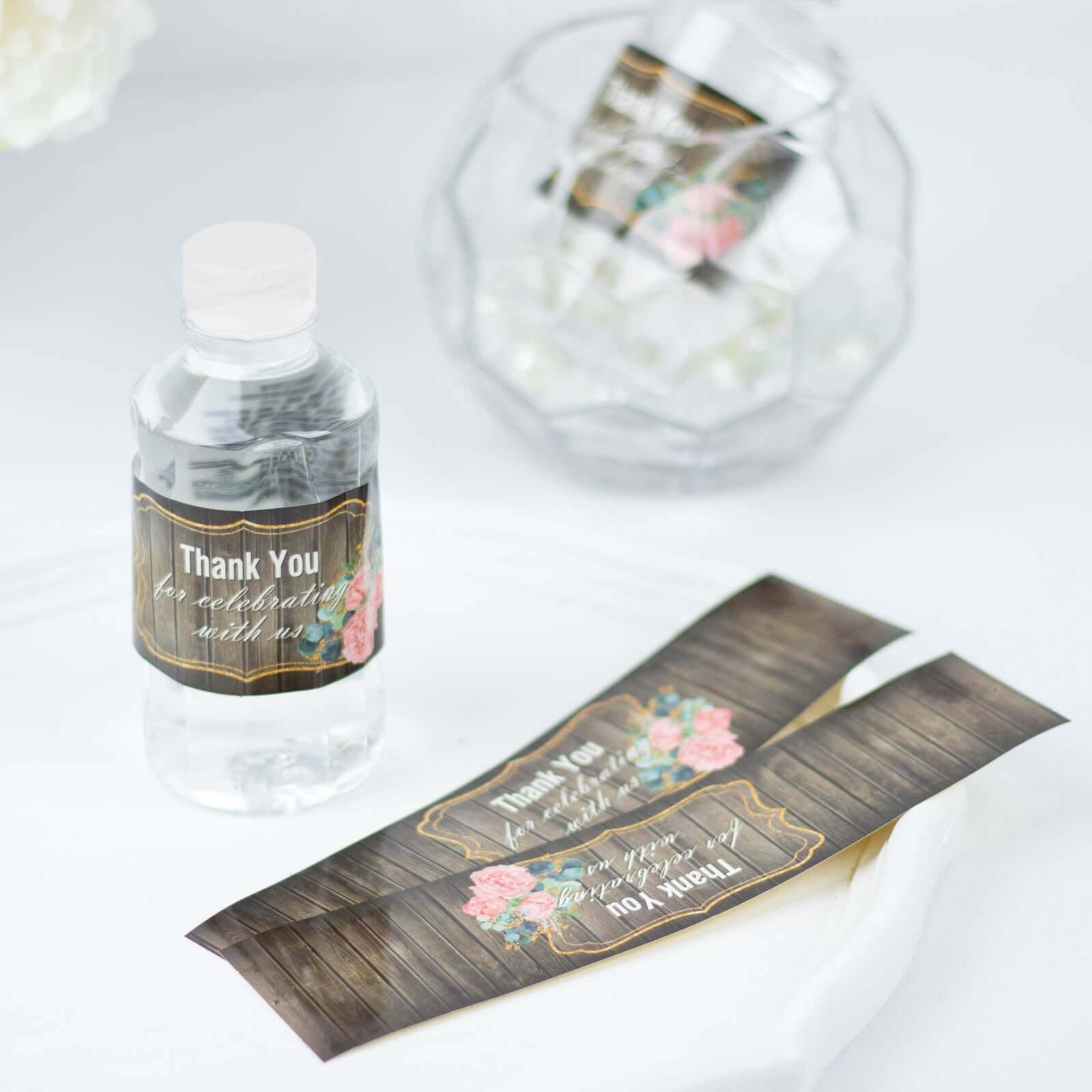 24 Pack Rustic Water Bottle Labels Wood Print with Gold Floral Frame "Thank You" Waterproof Bottle Stickers