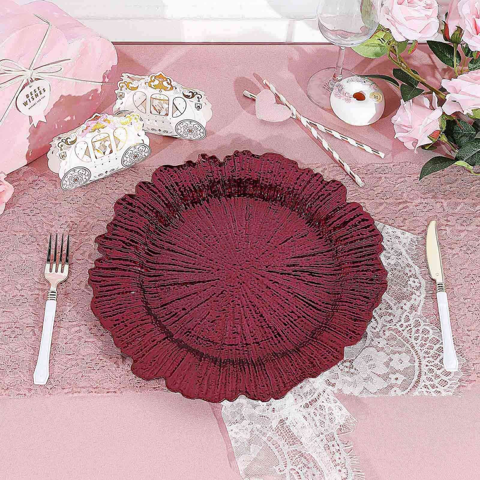6-Pack Acrylic Plastic Round Charger Plates 13" in Burgundy with Reef Design, Dinner Charger Tableware