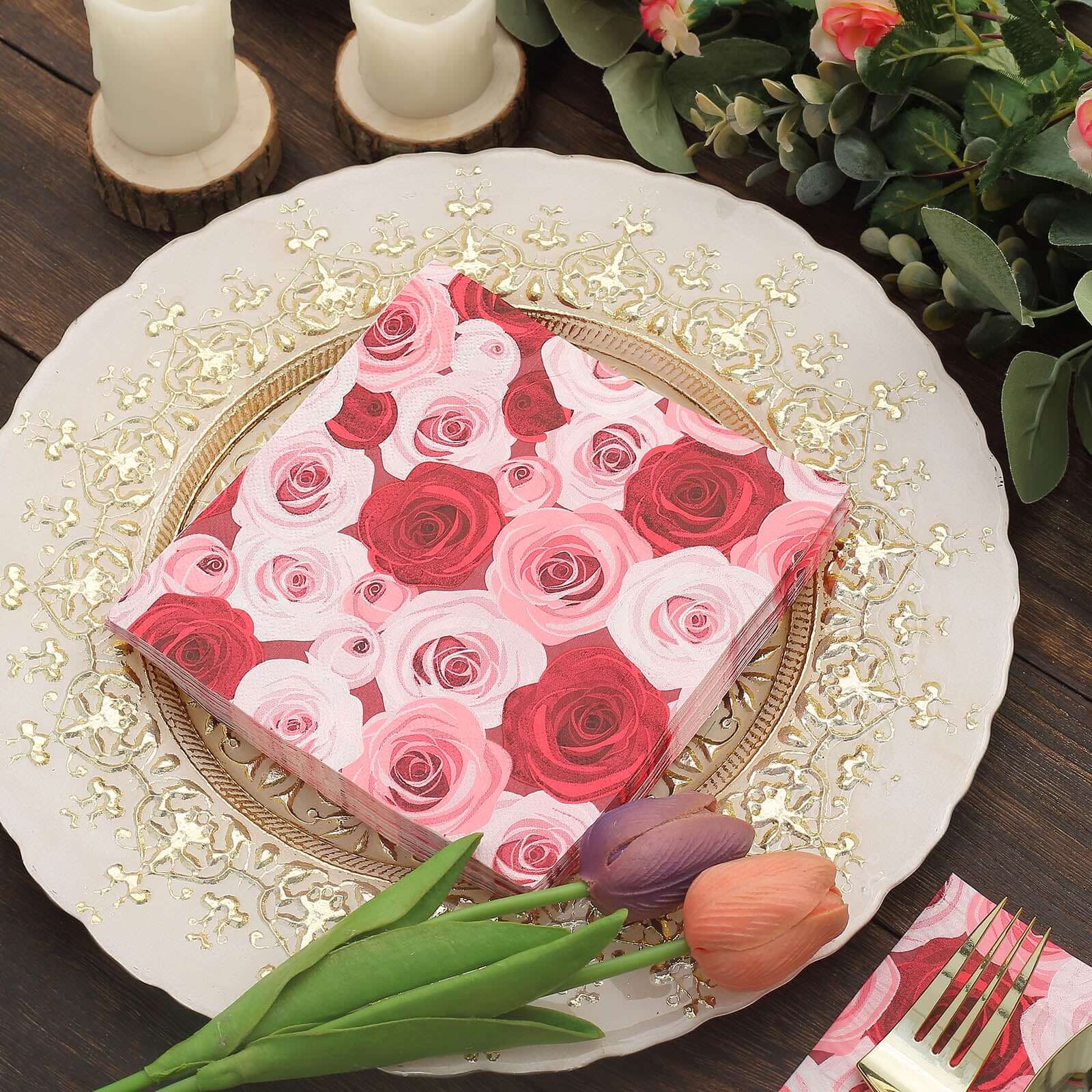 50-Pack Paper Beverage Napkins with Floral Design Red/Pink - 2 Ply Soft 18GSM Rose Garden Wedding Napkins 6.5"x6.5"