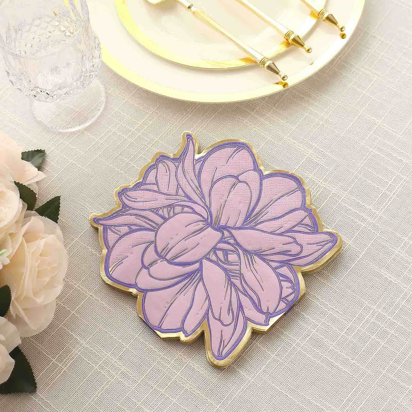 20-Pack Paper Cocktail Napkins with Purple Peony Flower Shape and Gold Edges - Stylish Disposable Party Napkins