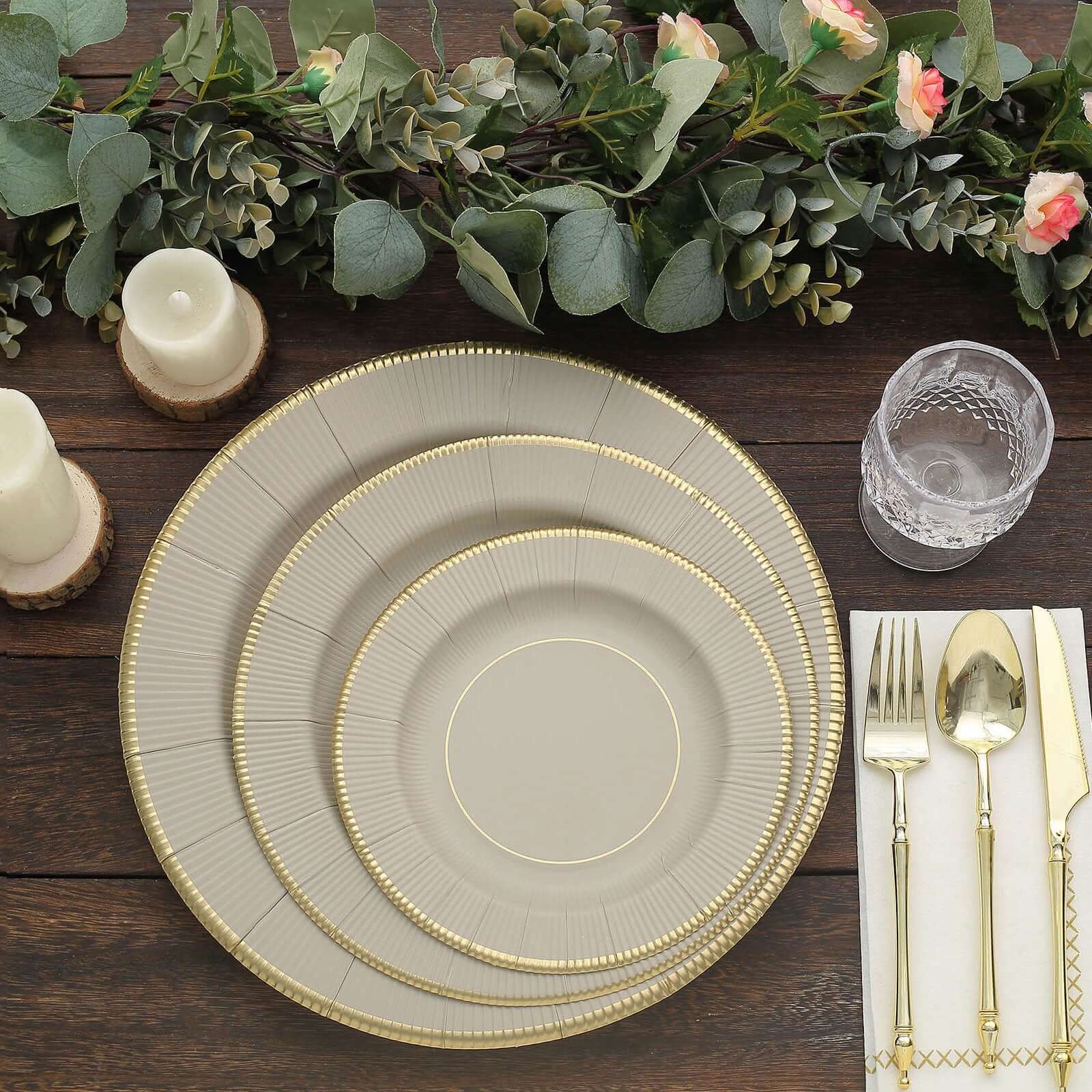 25-Pack Paper 8" Round Dessert Plates in Taupe Sunray Design with Gold Rim - Disposable Heavy Duty 350GSM Appetizer Salad Plates