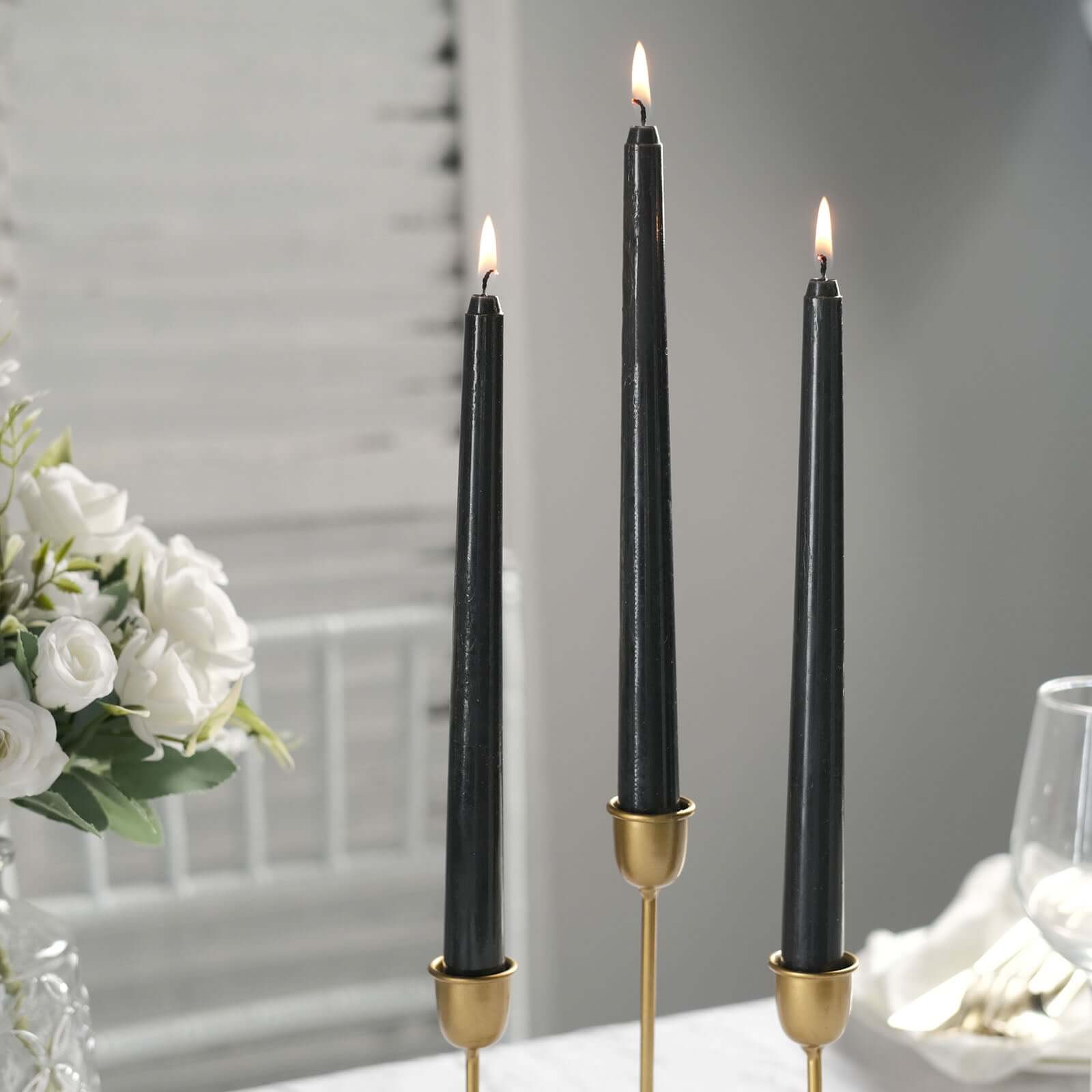 12-Pack Taper Candles Premium Wax Design Black - Unscented Candles for Upscale Settings 10"