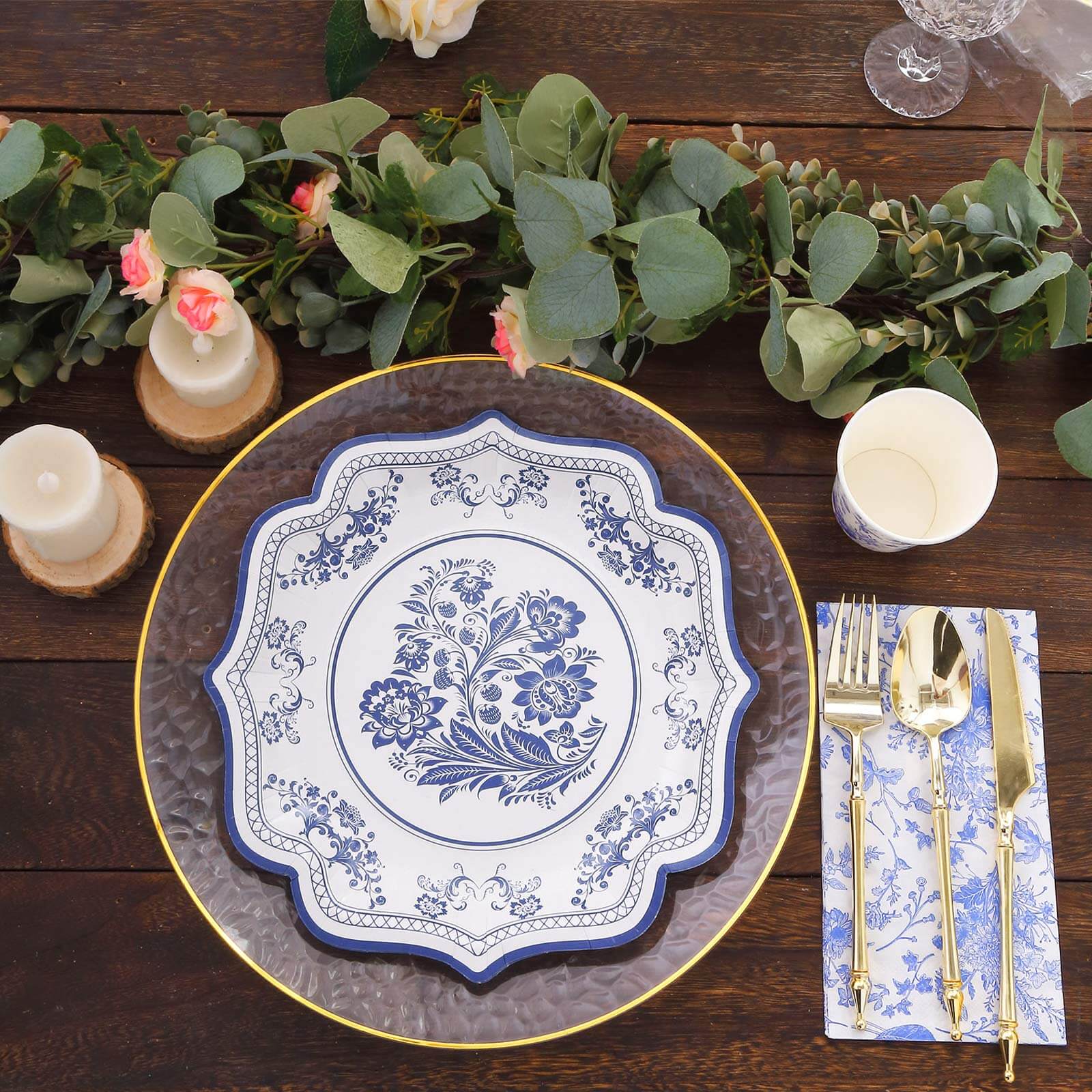 25-Pack Paper Dinner Plates in White Light Blue Damask Floral Print & Scallop Rim - Stylish Disposable 300GSM Floral Party Plates 10"