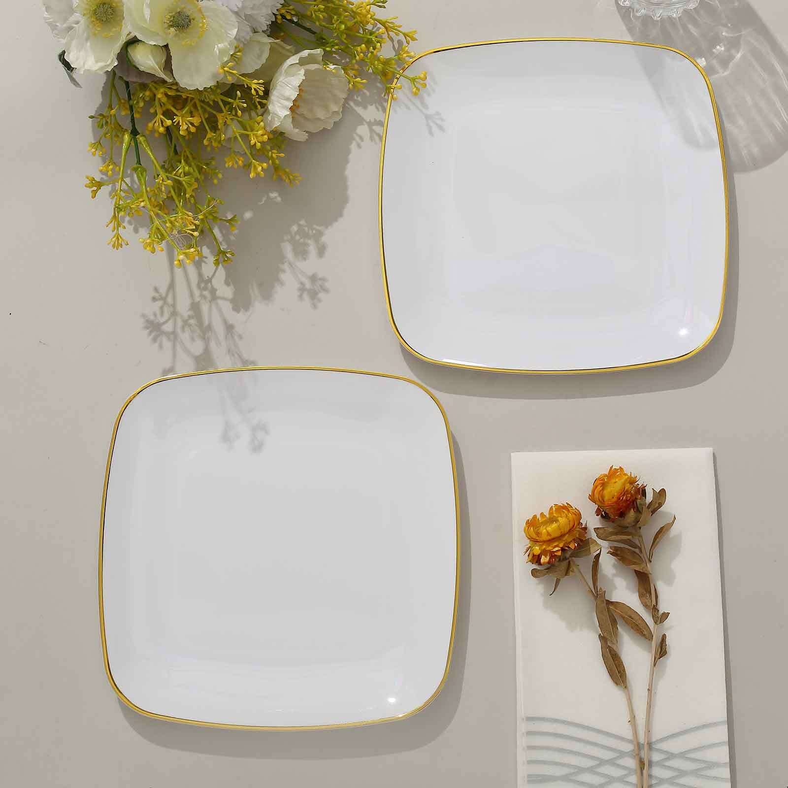 10-Pack Plastic 7" Square Dessert Plates in White with Gold Rim - Classy Disposable Appetizer Salad Plates for Weddings & Special Events