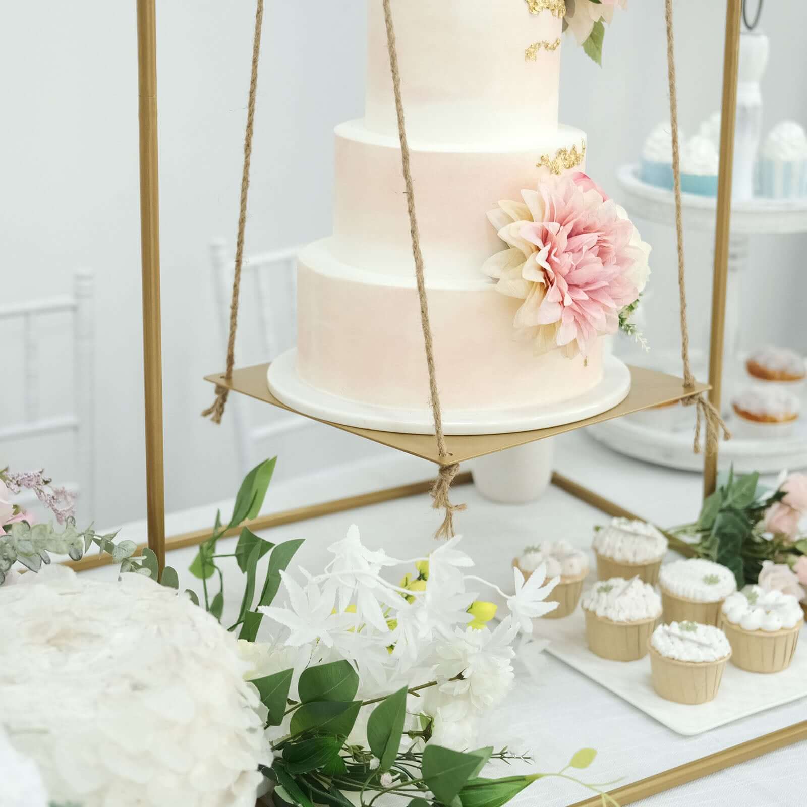 Metal Cake Swing Stand with Jute Rope Gold - Chic Hanging Dessert Display Centerpiece for Upscale Event Table Decor 3ft Tall