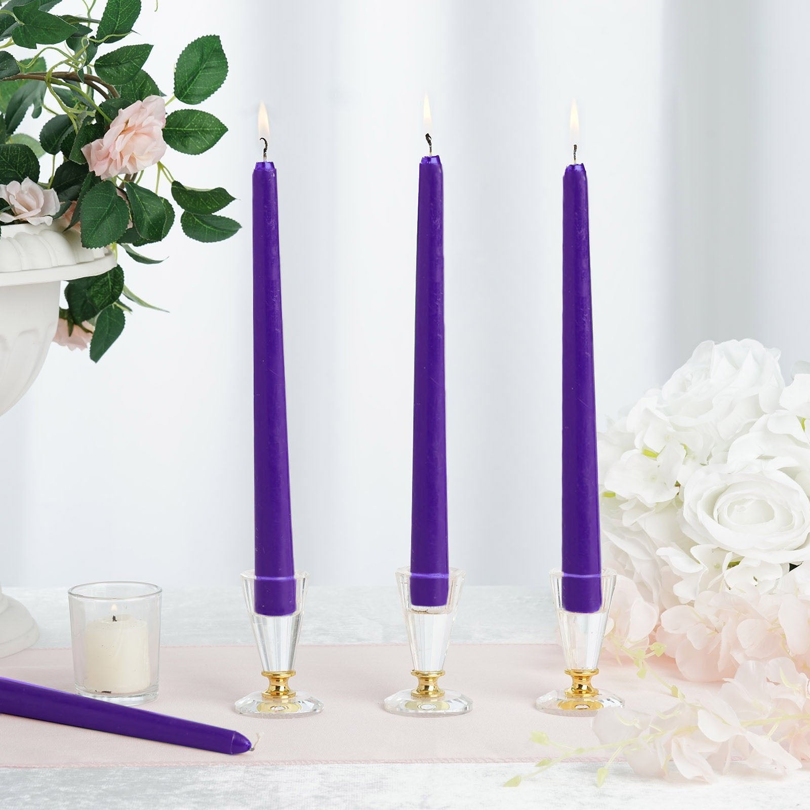 12-Pack Taper Candles Premium Wax Design Purple - Unscented Candles for Upscale Settings 10"