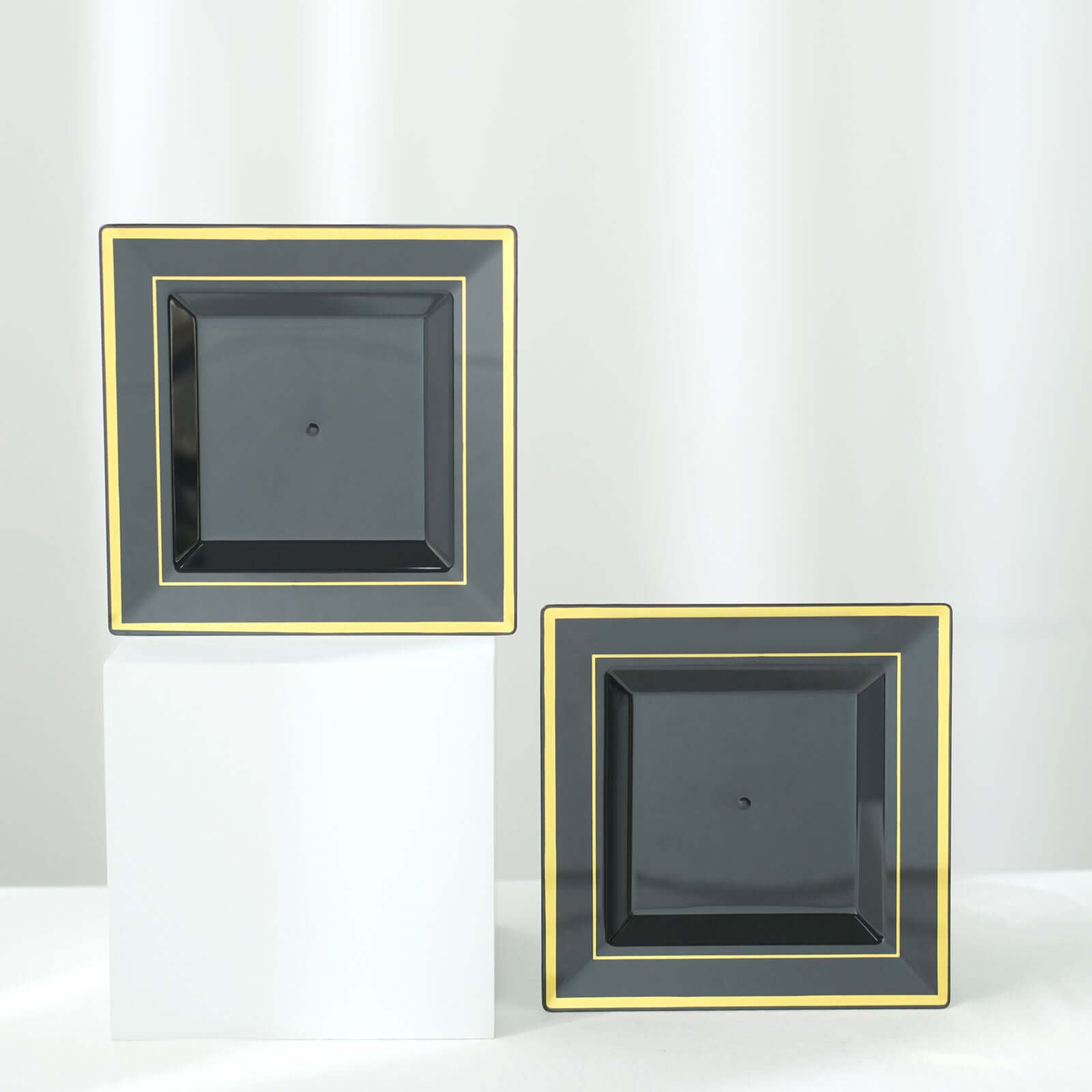 10-Pack Plastic Salad Dessert Plates Black Square with Gold Trim - Durable Disposable Appetizer Plates 7"