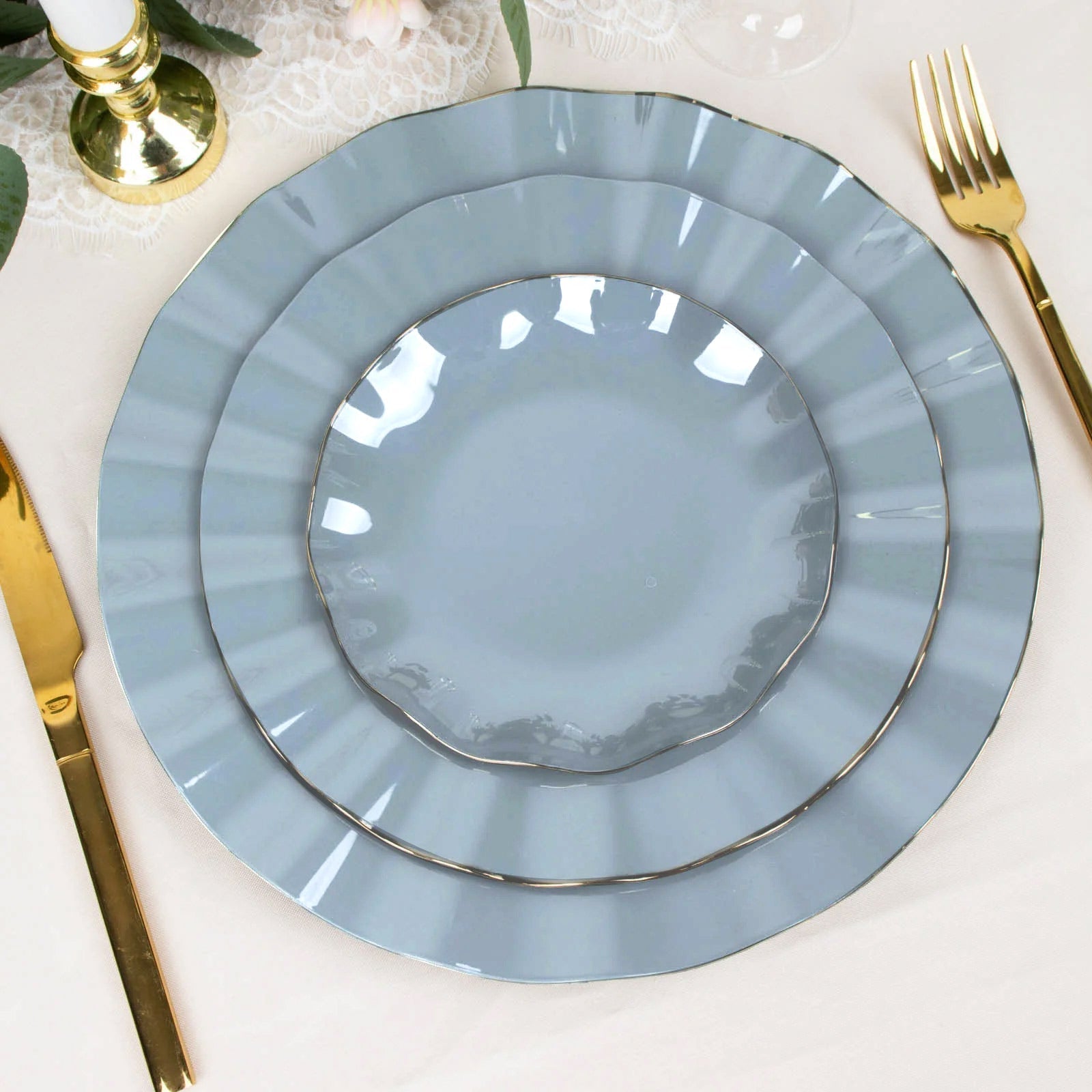 10-Pack Plastic Round 6" Dessert Plates in Dusty Blue Ruffled Rim with Gold Edging - Sturdy Disposable Salad Appetizer Dinnerware