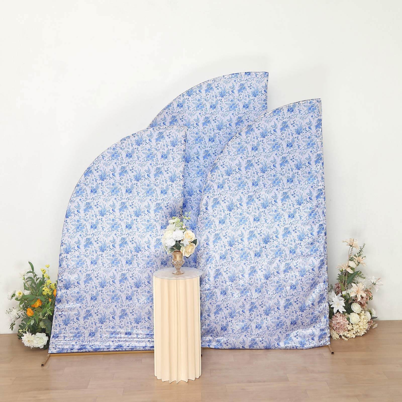 Set of 3 White Blue Satin Chiara Wedding Arch Covers in French Toile Floral Pattern, Fitted Covers For Half Moon Backdrop Stands - 5ft, 6ft, 7ft