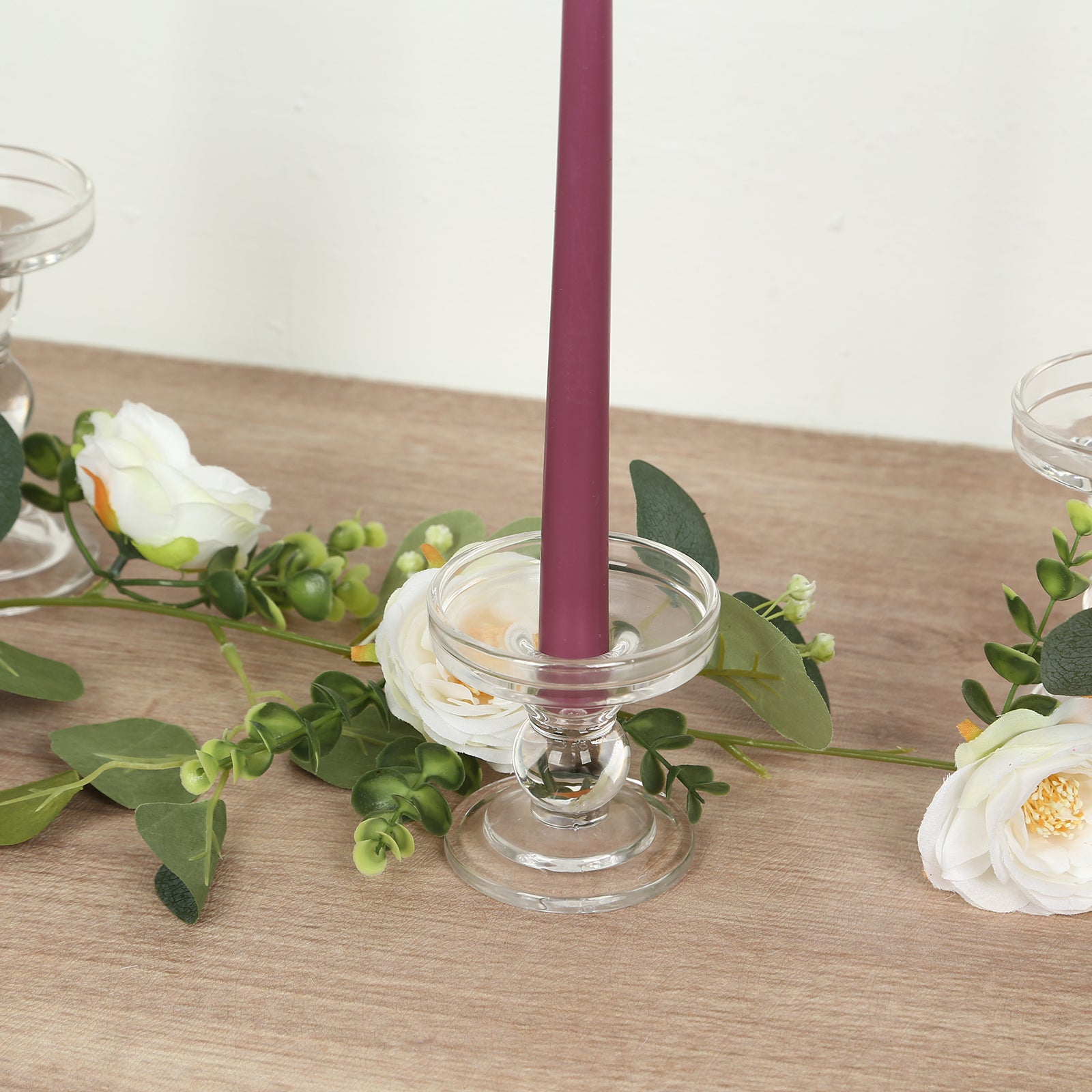 Set of 3 Glass Pillar Candle Holders Clear with Round Tray - Crystal Ball Stem Taper Candlestick Tea Light Stands 3.5", 4.5", 5.5"