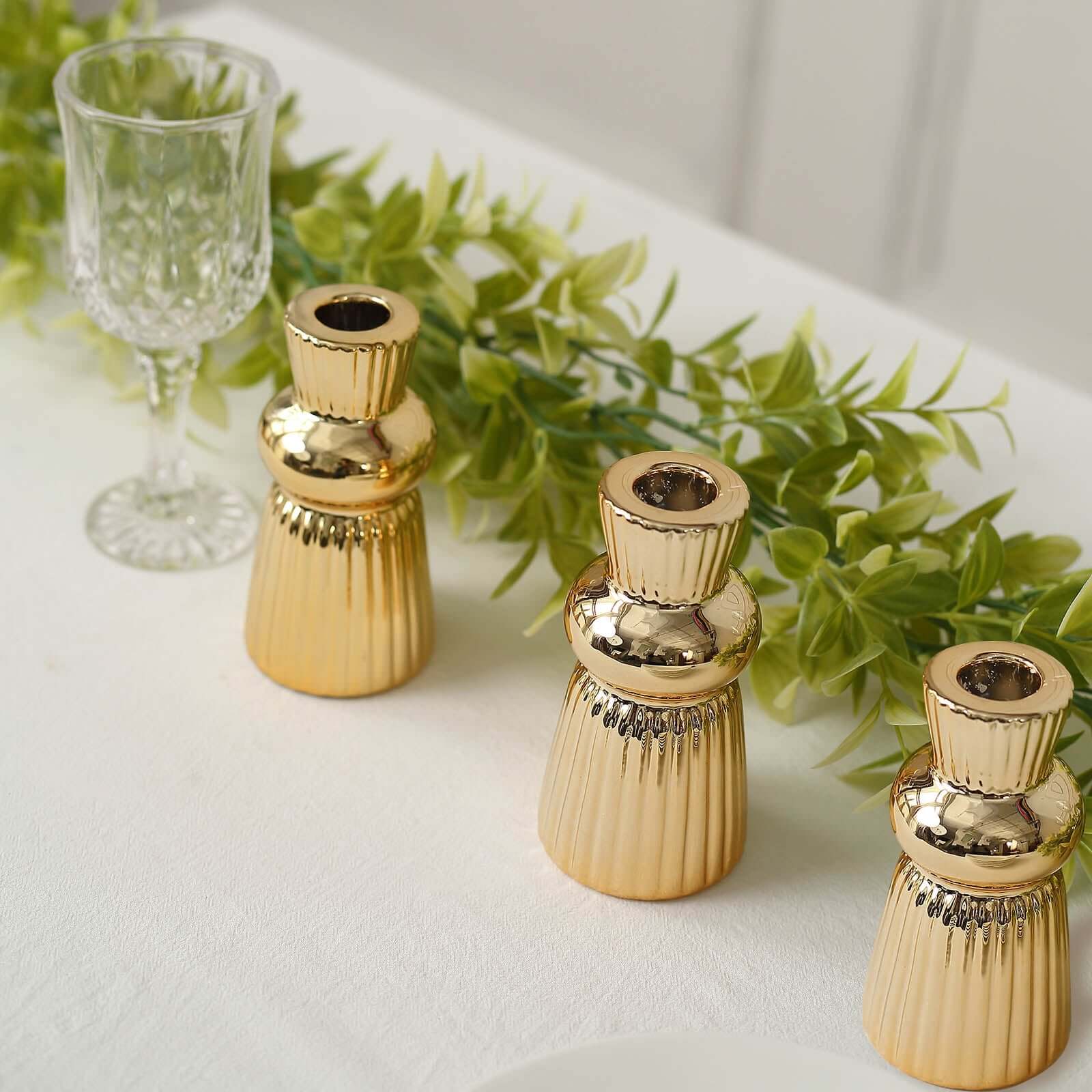 3-Pack Ceramic Taper Candle Holders Fluted Ball Neck Design Metallic Gold - Ribbed Candlestick Stands 5"