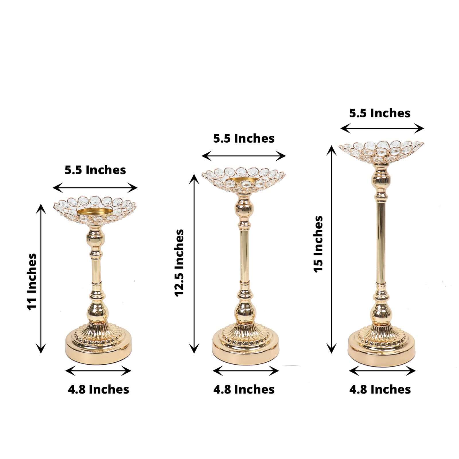 Set of 3 Metal Votive Candle Holders Crystal Beaded Design Gold - Tea Light Centerpieces 11", 13", 15"