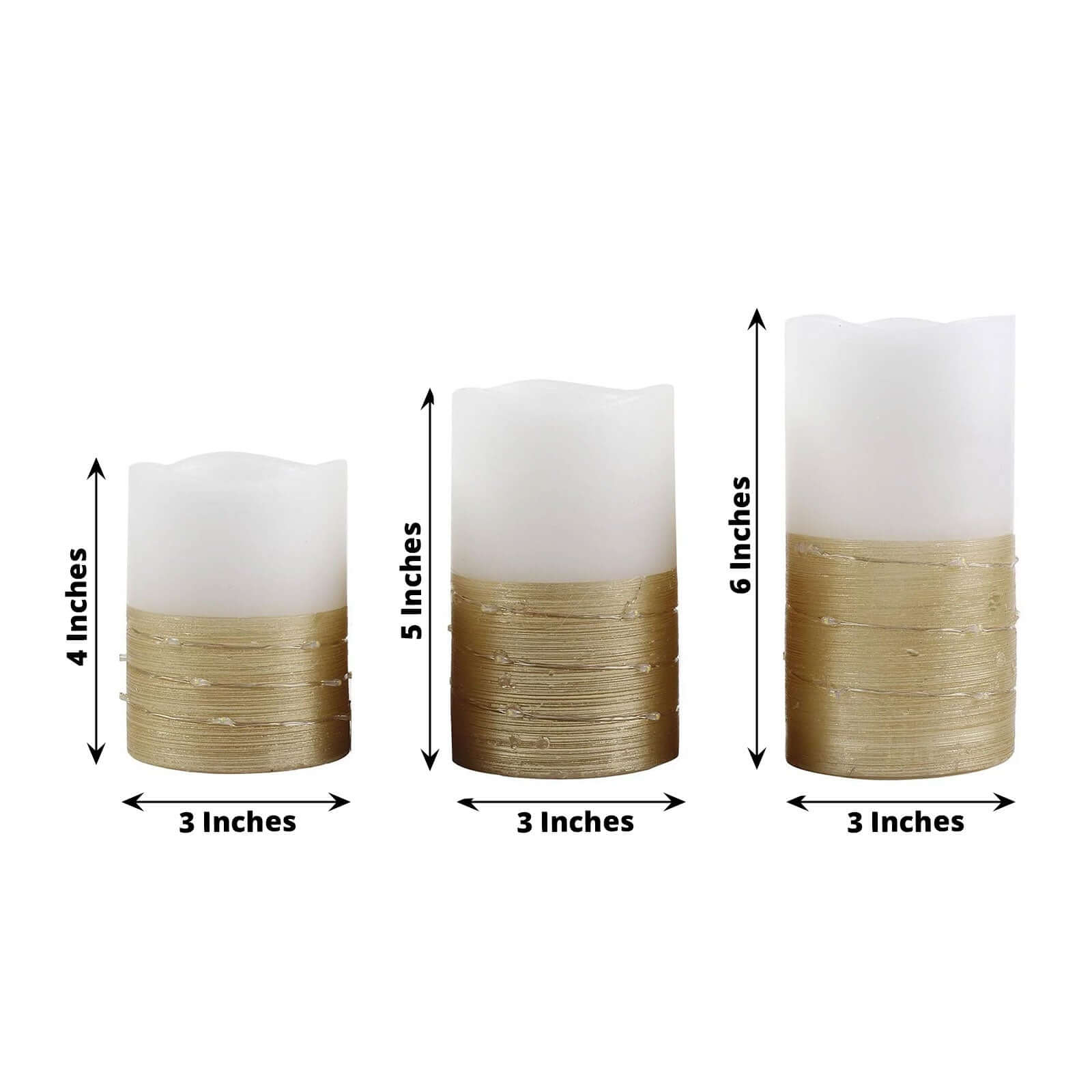 Set of 3 LED Flameless Pillar Candles Wrapped with Fairy String Lights Gold - Remote Operated 4", 5", 6"