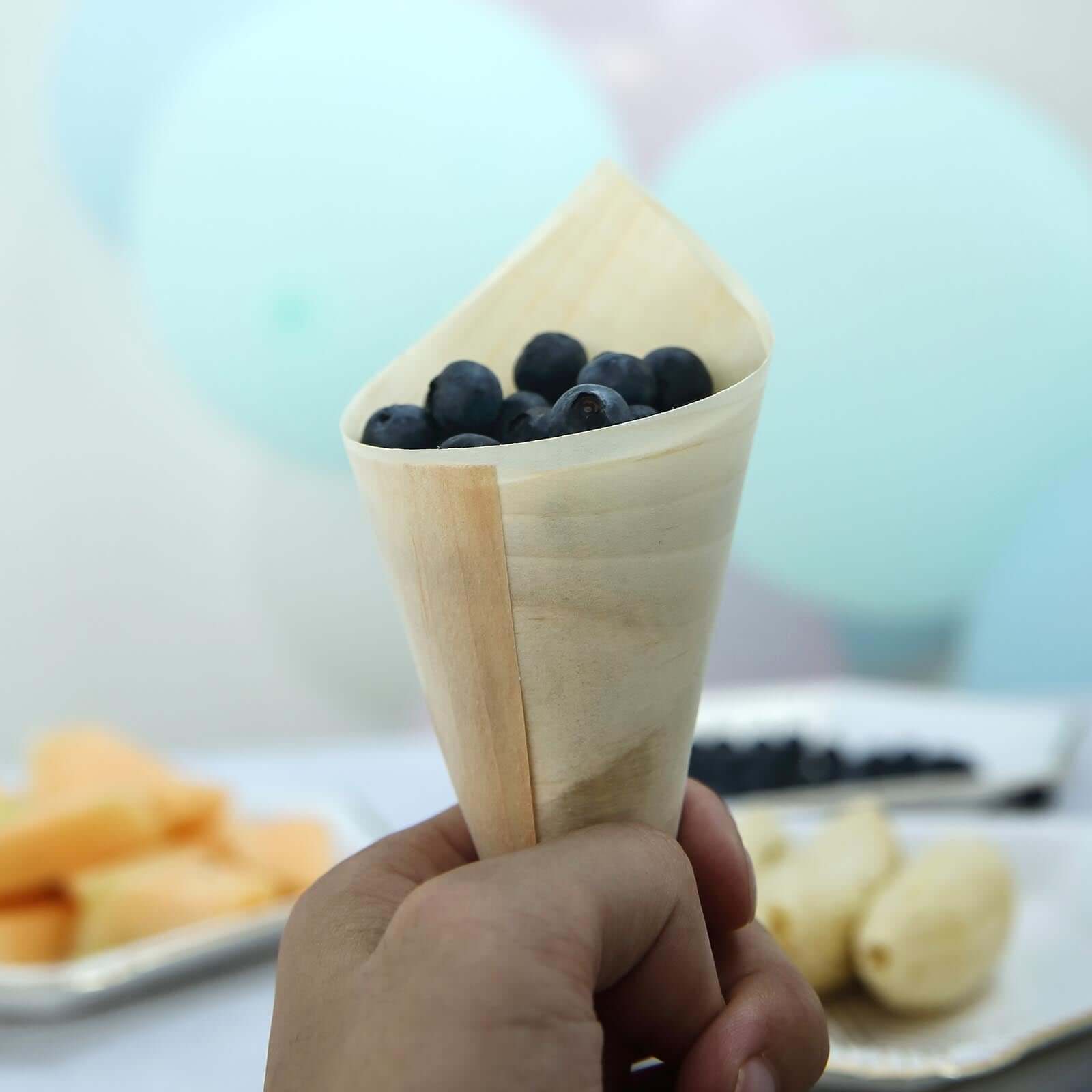 50-Pack Pine Wood Food Cones Eco Friendly Natural Disposable Design - 100% Biodegradable Tasting Serving Cones 6"