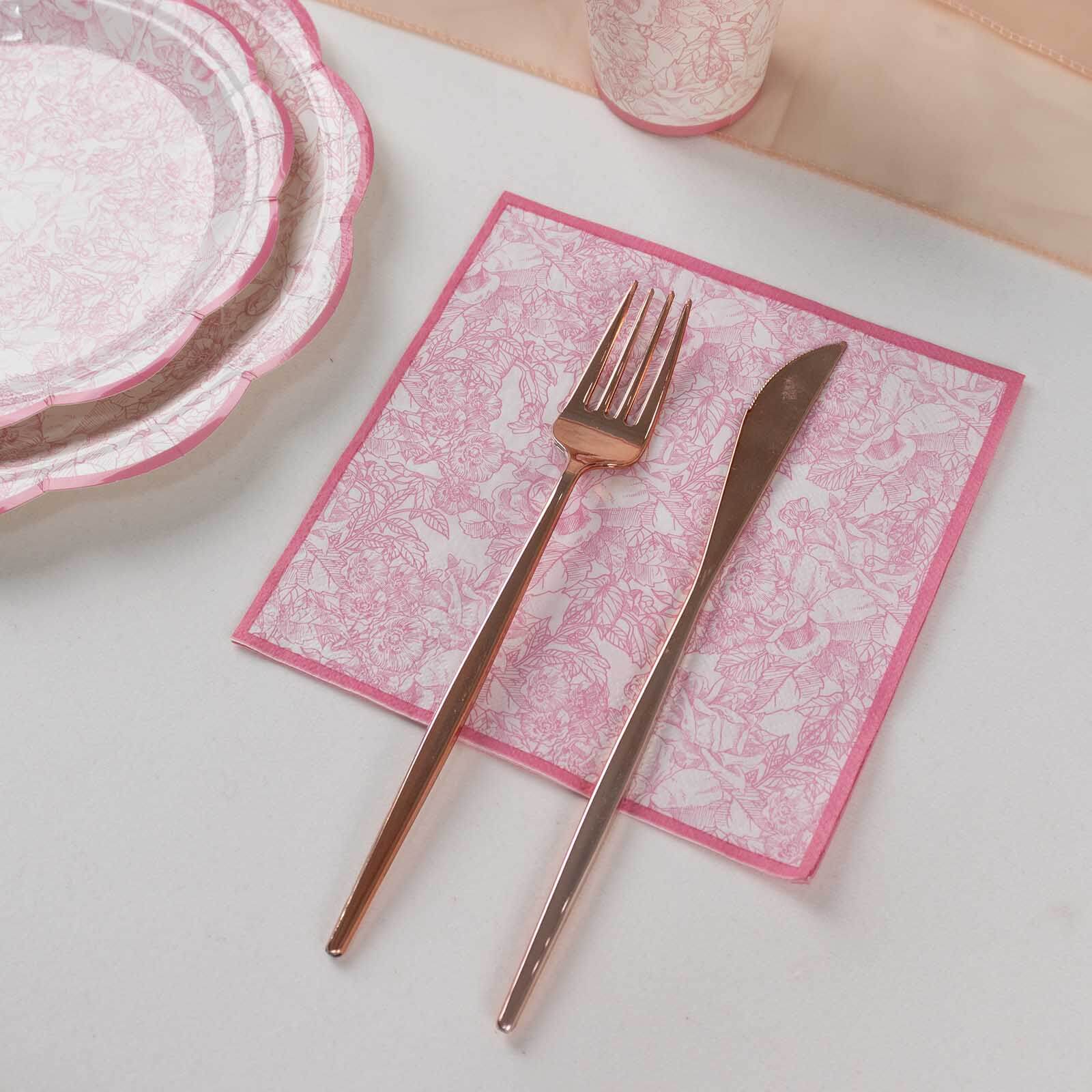 25-Pack Paper Cocktail Napkins with French Toile Print White/Pink - Highly Absorbent 2 Ply Disposable Napkins 5"x5"