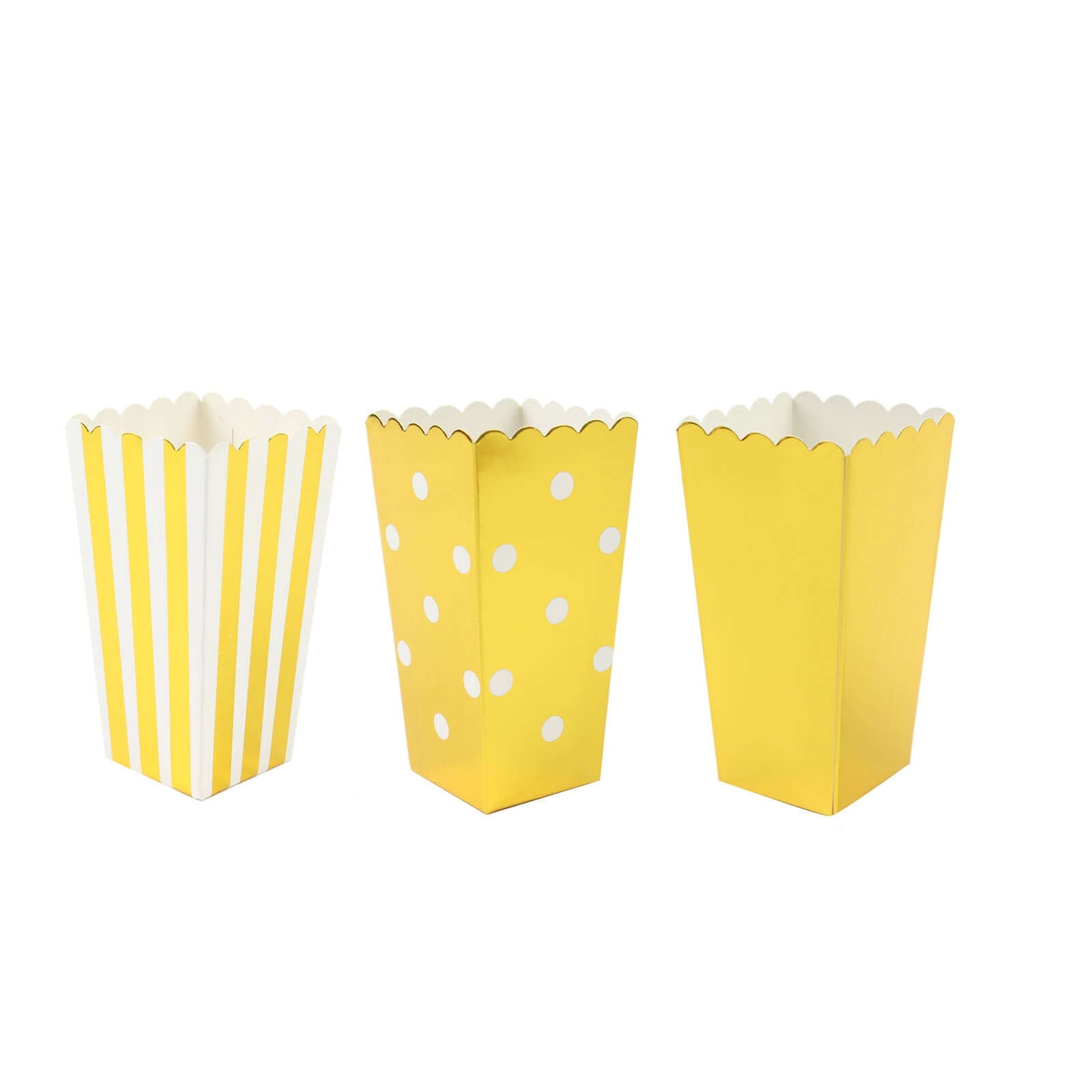 36 Pack 4" White Gold Design Mini Paper Popcorn Boxes, Candy Favor Disposable Bags - Stripe, Polka Dot, Solid Style