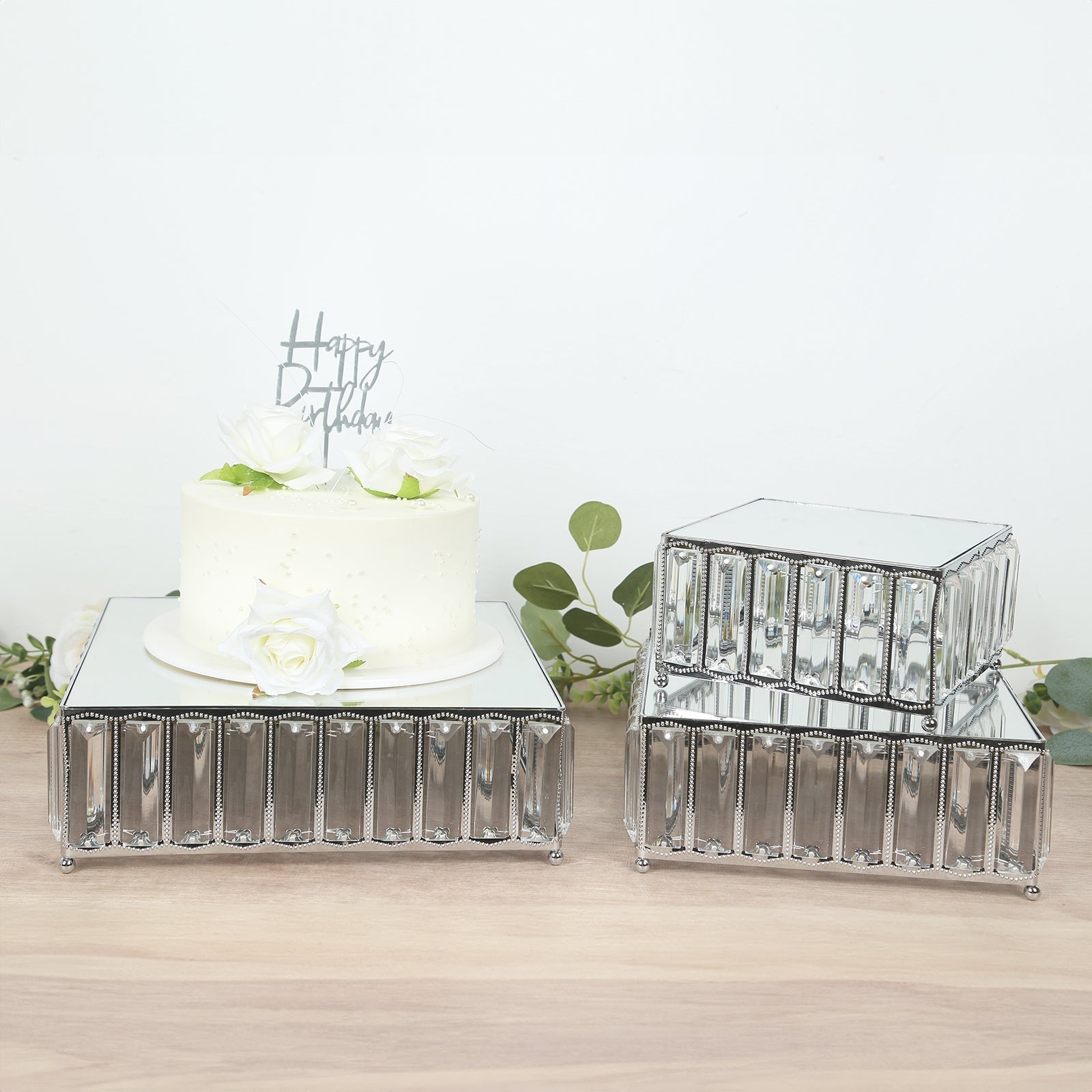 Set of 3 Silver Metal Crystal Pendant Cake Stands with Mirror Top, Stackable Square Dessert Display Trays - 7",10",12"