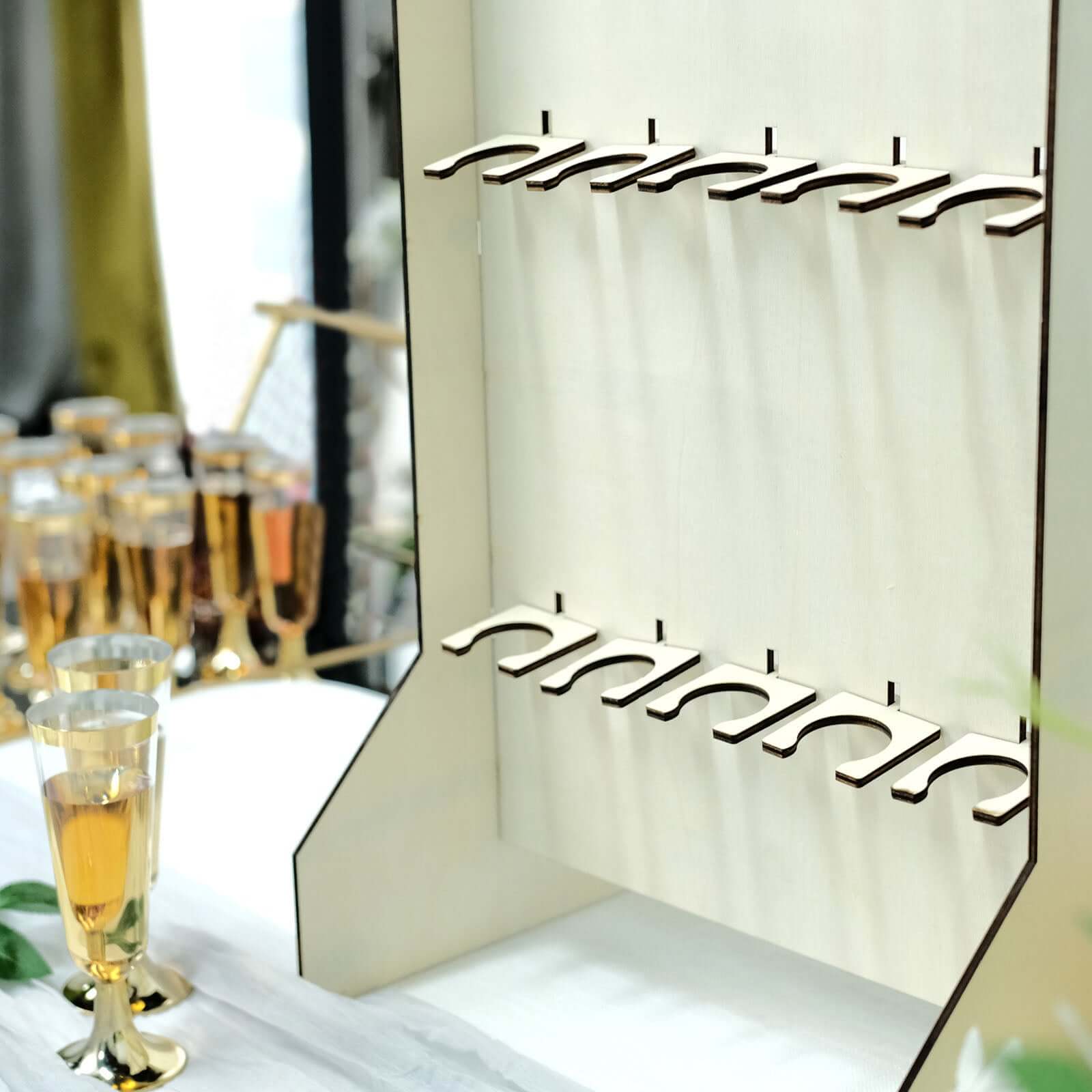 3-Tier Wooden Rectangle Champagne Wall Glass Holder in White - Floor Standing 15 Stemware Rack Cocktail Display Drink Organizer for Rustic Events & Banquets