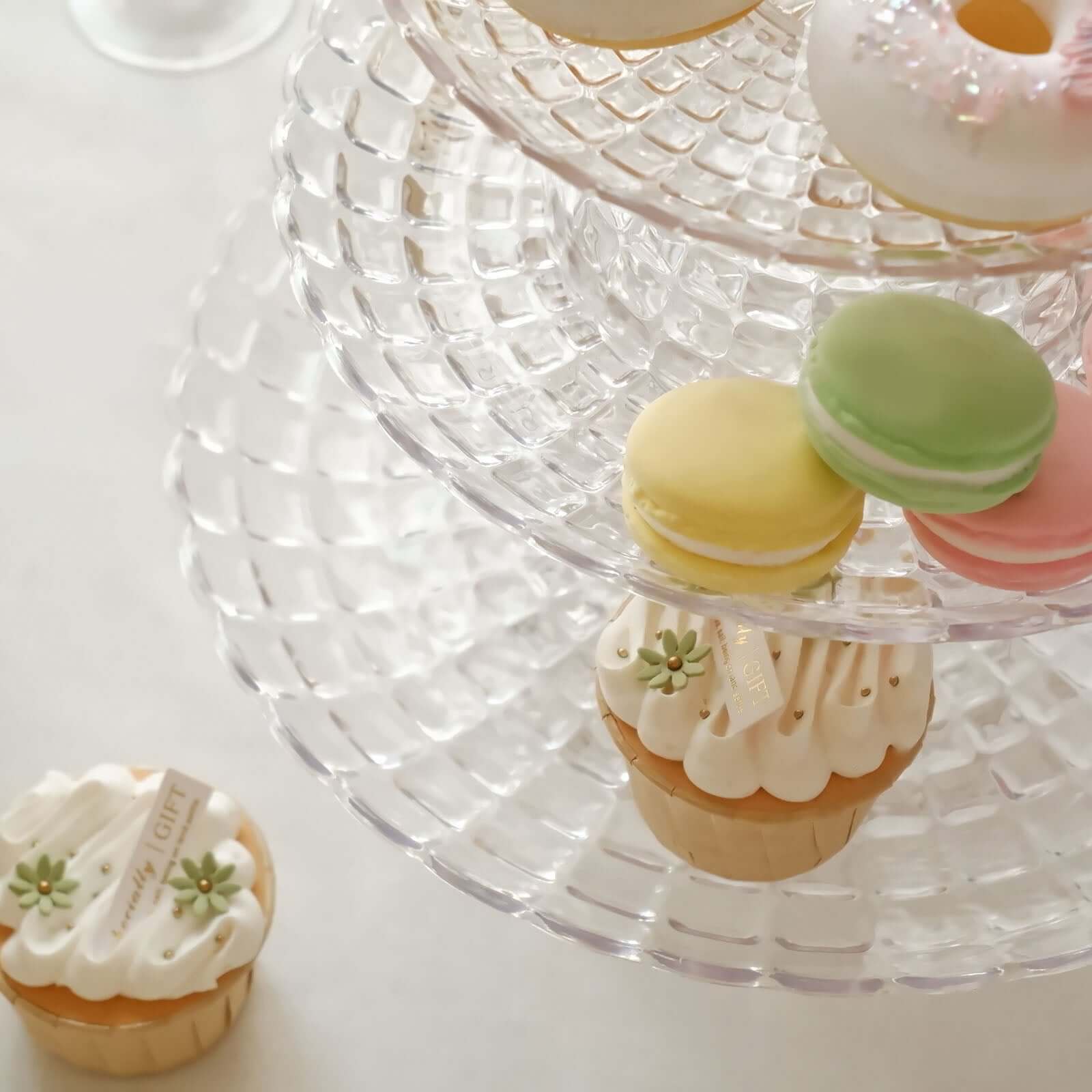 Set of 3 Plastic Cupcake Stands Clear Pressed Glass Pattern - Modern Stackable & Reusable Cake Dessert Pedestal Display Holders with Scalloped Edges 8", 10", 12"