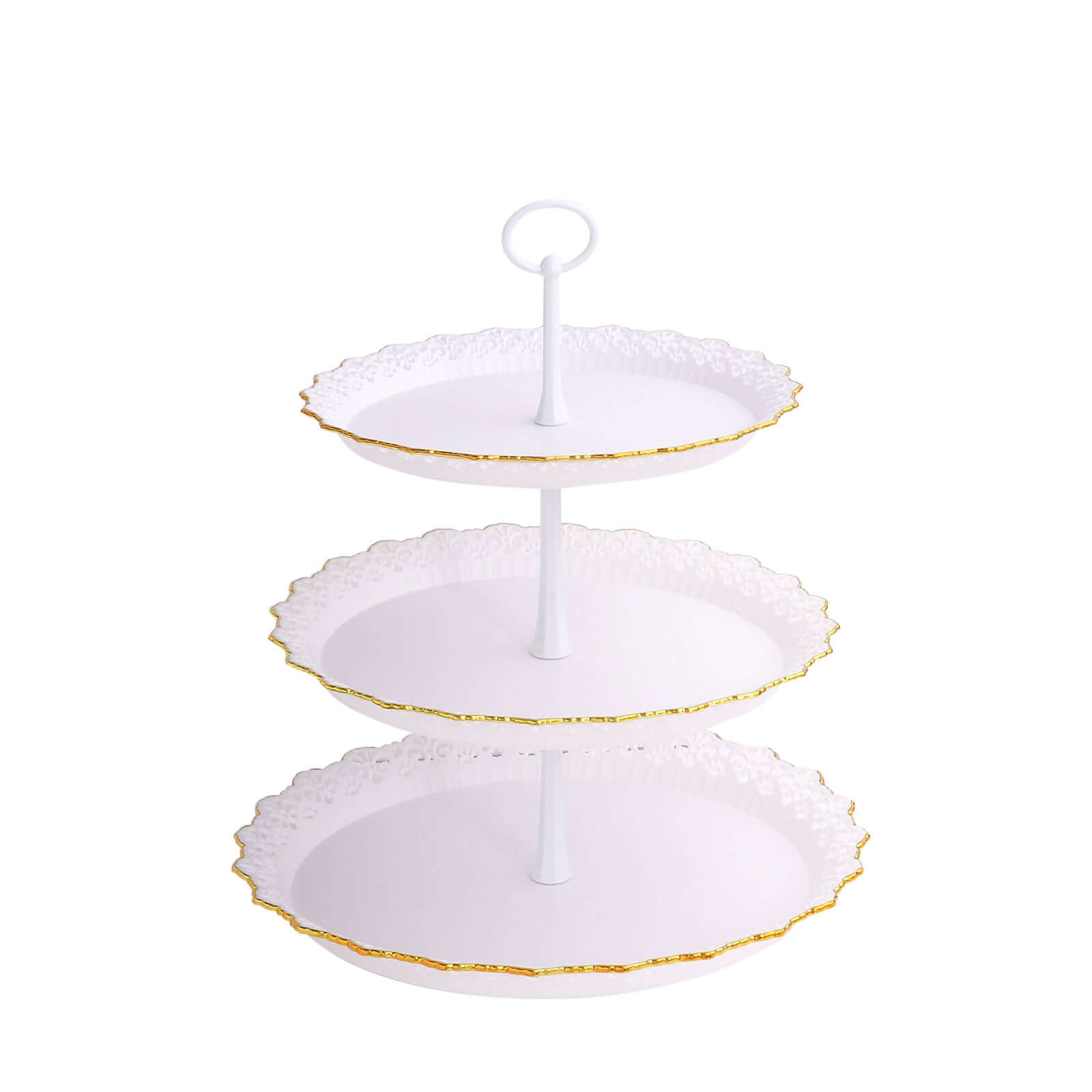 3-Tier Plastic Round Cupcake Stand 15" White with Lace Gold Rim Scalloped Edges - Multifunctional Space Saving Dessert Display Tower Pastry Serving Tray for Classy Events