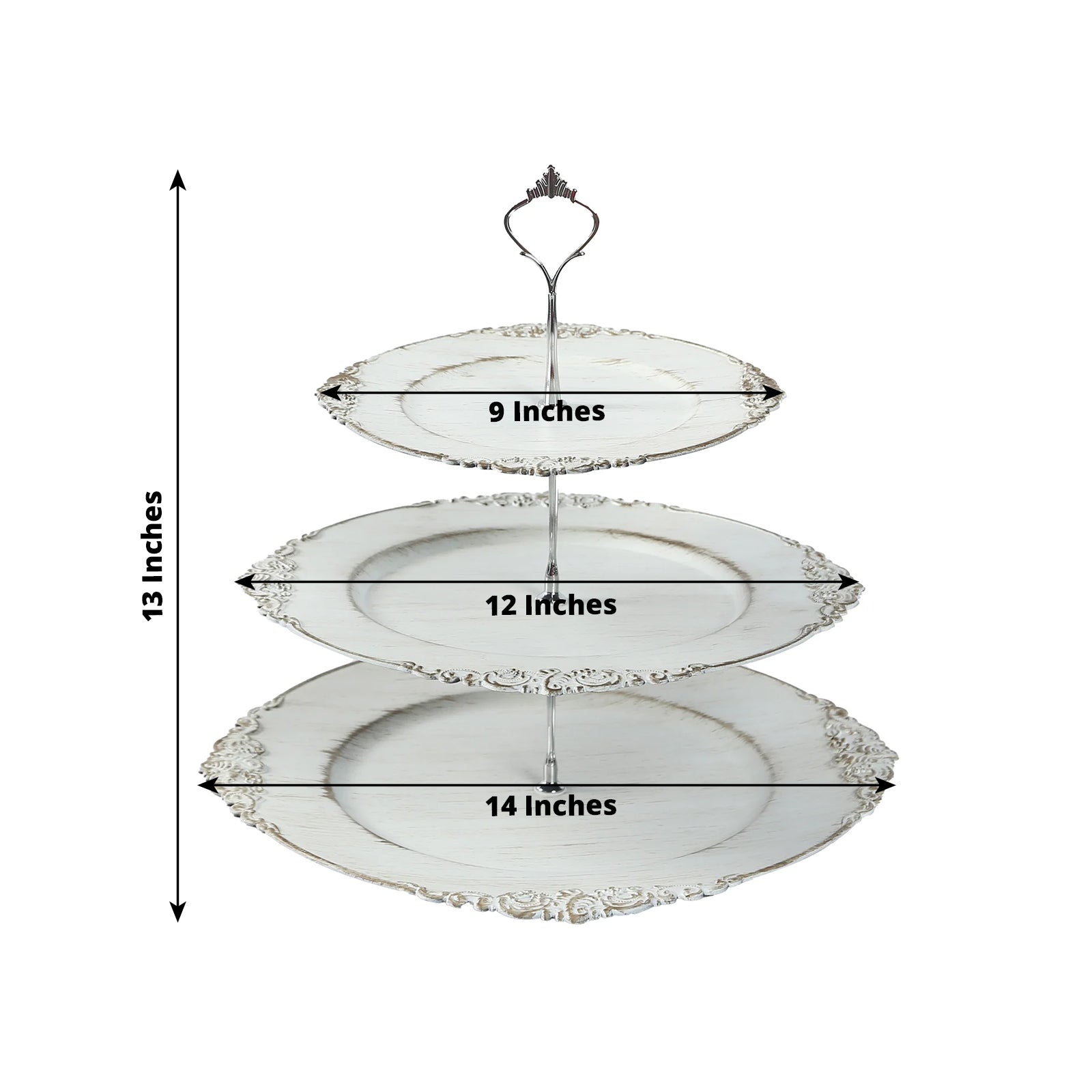 3-Tier Plastic Round Cupcake Stand Whitewashed - Vintage-Inspired Reusable Dessert Display Holder Tea Party Serving Tray Platter with Antique Gold Baroque Rim & Top Handle 13"