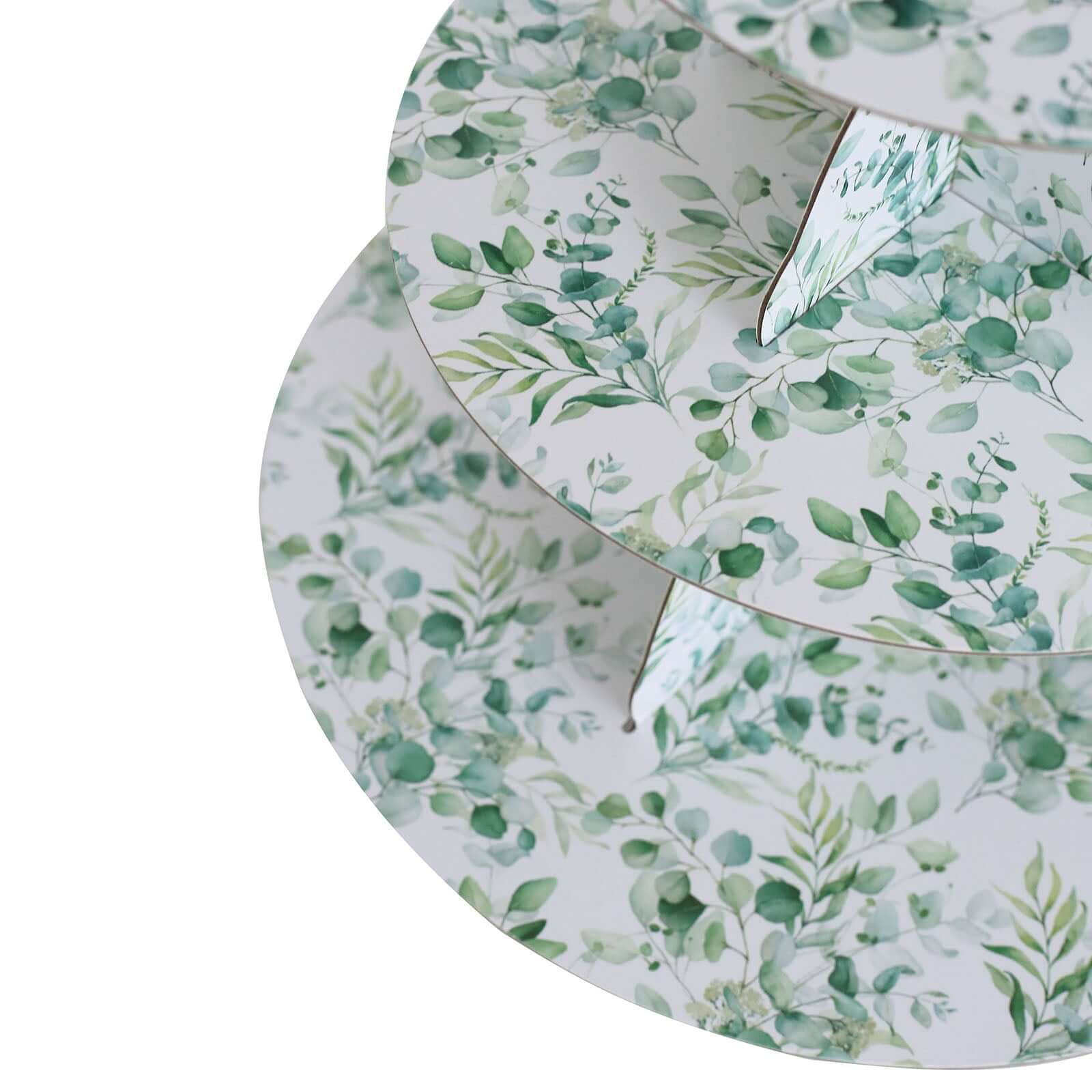 3-Tier Cardboard Cupcake Stand White with Green Eucalyptus Leaves Pattern - Reusable Dessert Display Stand Round Serving Platter for High-Tea Gatherings Weddings & Spring Celebrations 11"