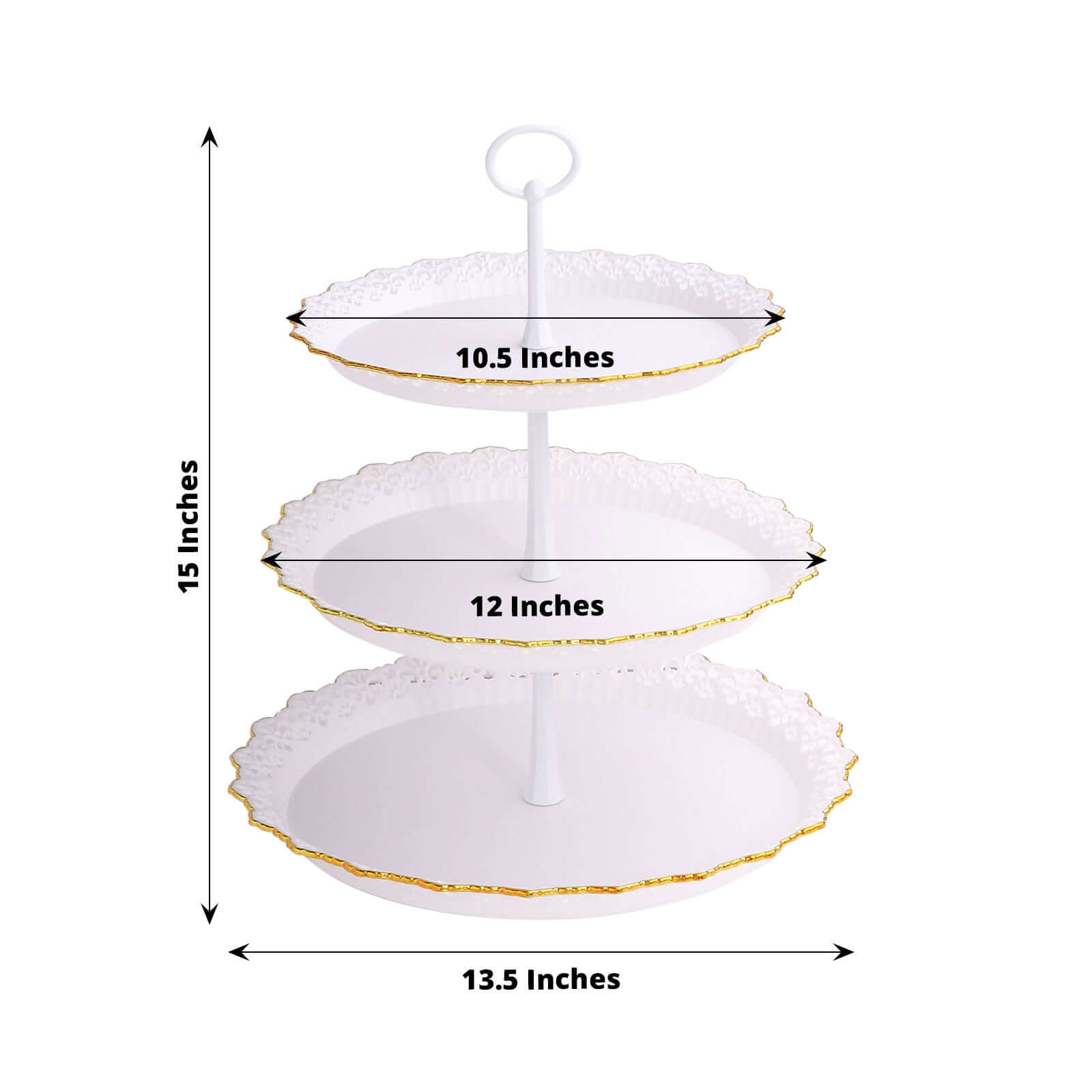 3-Tier Plastic Round Cupcake Stand 15" White with Lace Gold Rim Scalloped Edges - Multifunctional Space Saving Dessert Display Tower Pastry Serving Tray for Classy Events