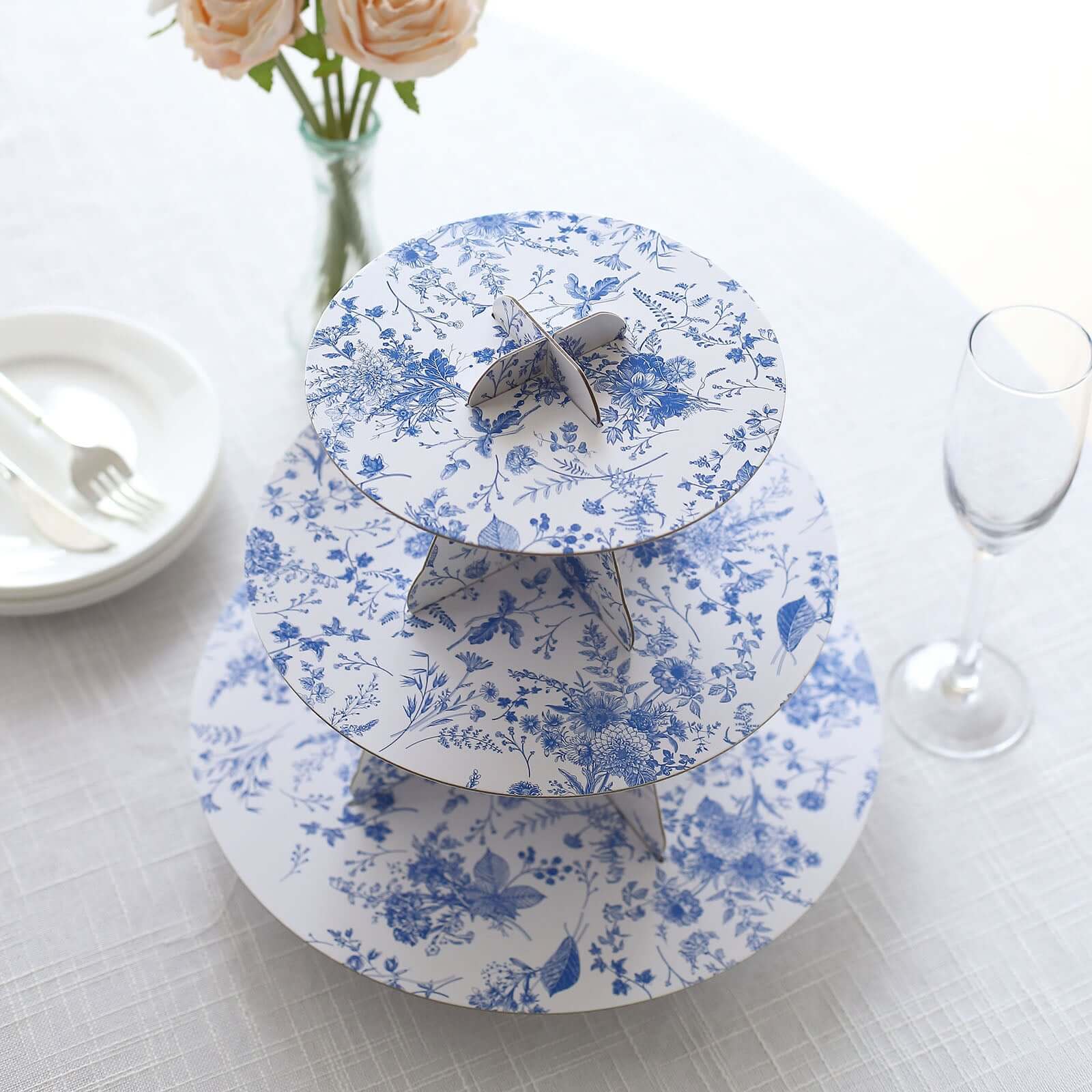 3-Tier Cardboard Cupcake Stand White with Blue French Toile Pattern - Reusable Dessert Display Stand Round Serving Platter for High-Tea Gatherings Weddings & Spring Celebrations 11"