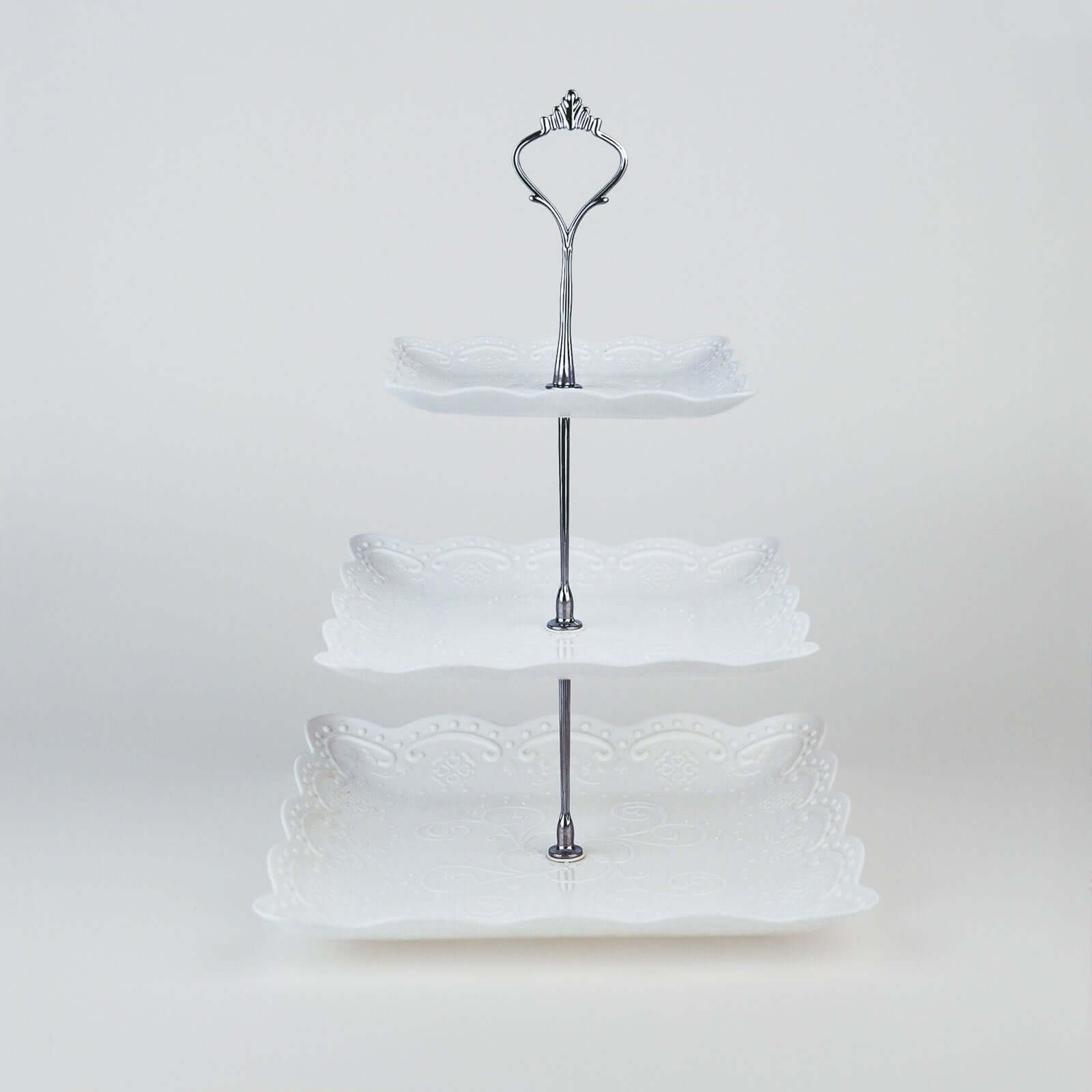 3-Tier Plastic Square Cupcake Stand Tower White - Charming Easy to Assemble Dessert Display Serving Tray Platter with Floral Embossed Scalloped Rim & Silver Handle for Tea Parties Weddings & Special Occasions 13"