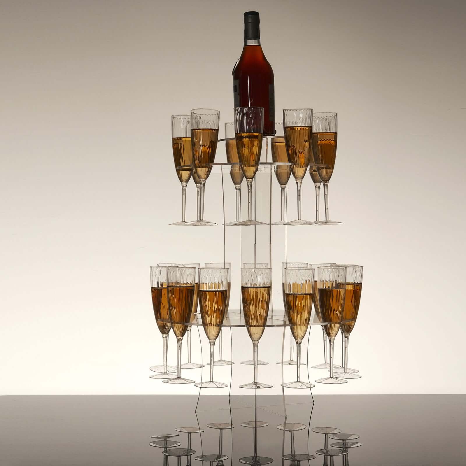 3-Tier Round Champagne Glass Holder Tower Clear Acrylic - Flute Display Rack Cocktail Tree Stand Holds 23 Stemware + 1 Bottle for Professional & Home Use 21"