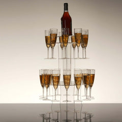 3-Tier Round Champagne Glass Holder Tower Clear Acrylic - Flute Display Rack Cocktail Tree Stand Holds 23 Stemware + 1 Bottle for Professional & Home Use 21"