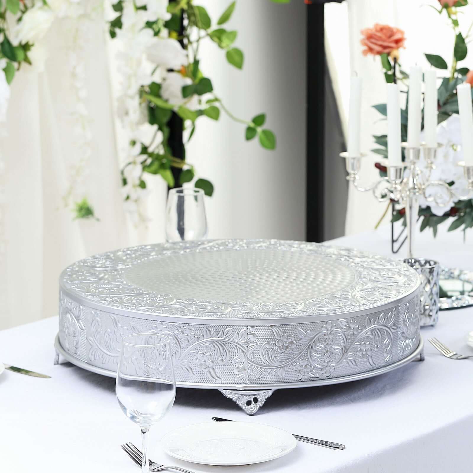 Metal 22" Round Cake Pedestal Stand Matte Silver - Cupcake Dessert Display Riser with Intricate Embossed Design for Upscale Events & Gatherings