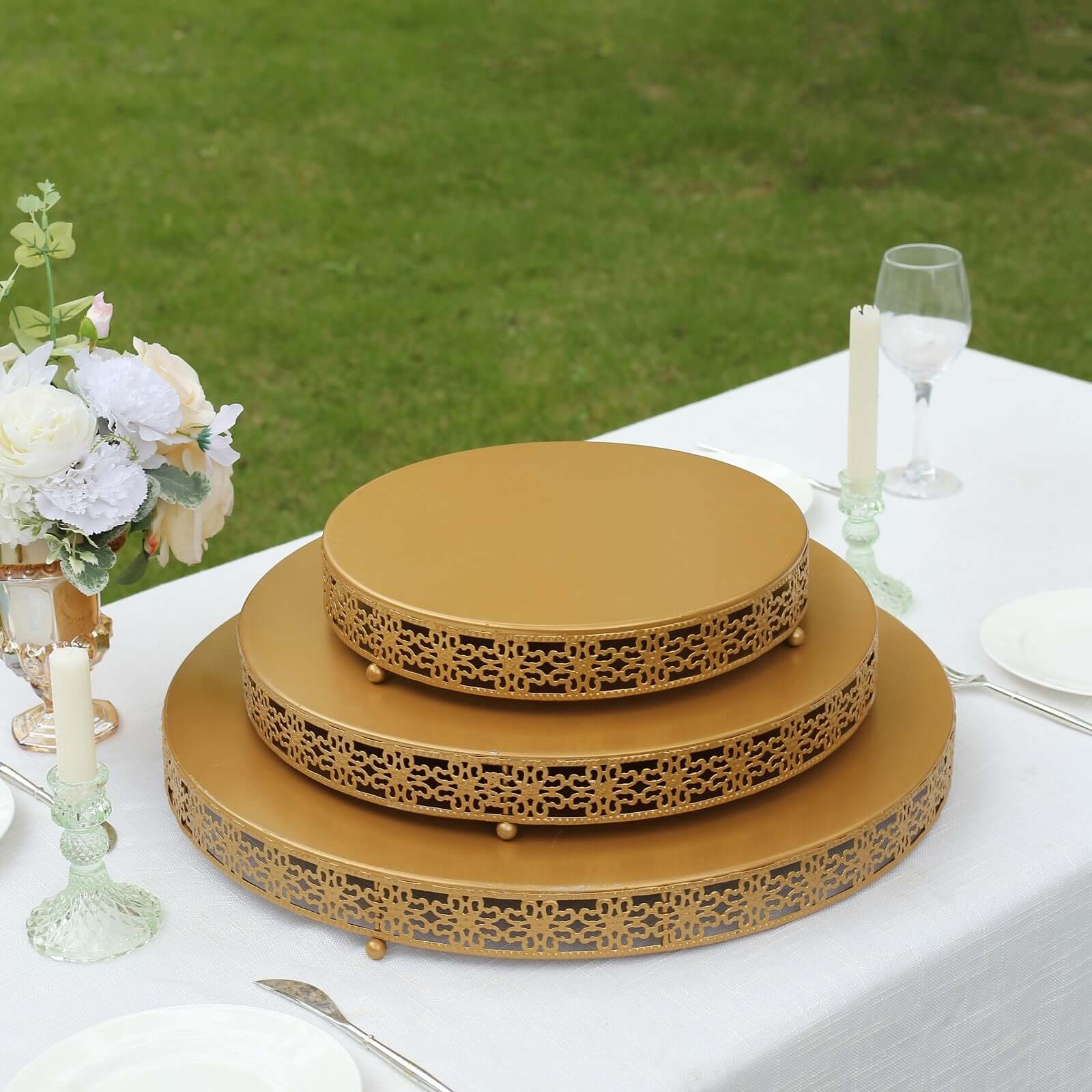 Metal Pedestal Cake Stand Fleur De Lis Round Design Gold - Cupcake Dessert Display Table Centerpiece 12"