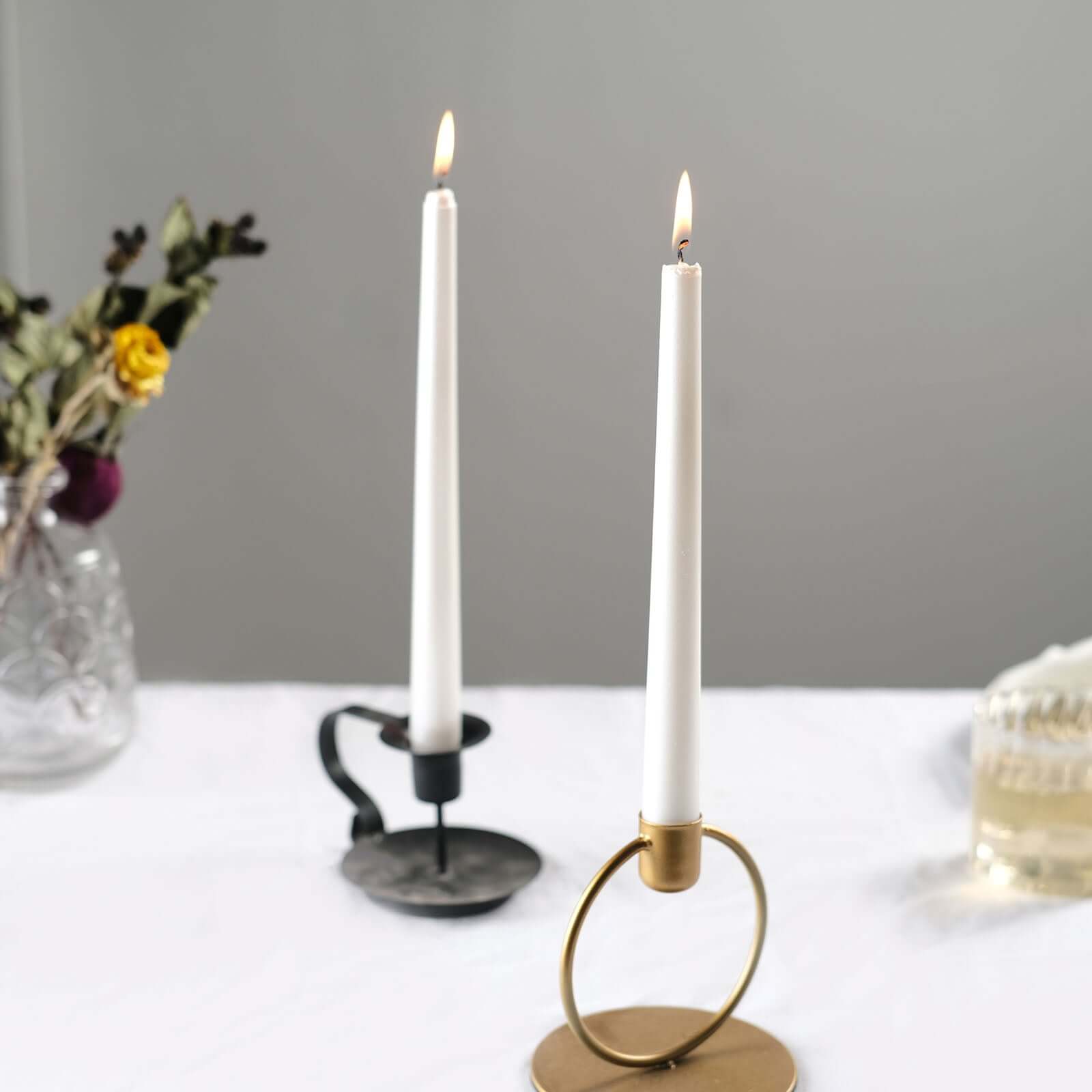 12-Pack Taper Candles Premium Wax Design Metallic Pearl White - Unscented Candles for Upscale Settings 10"