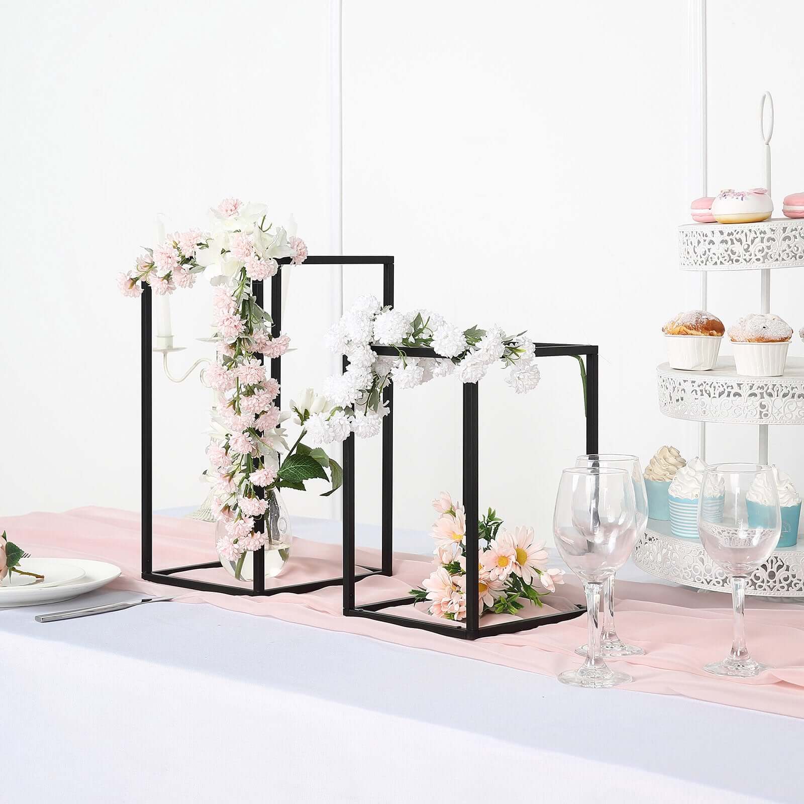 2-Pack Wedding Flower Stand Matte Black Metal Geometric Column Frame Rectangular - Versatile Floral Pedestal for Sophisticated Arrangements 16"