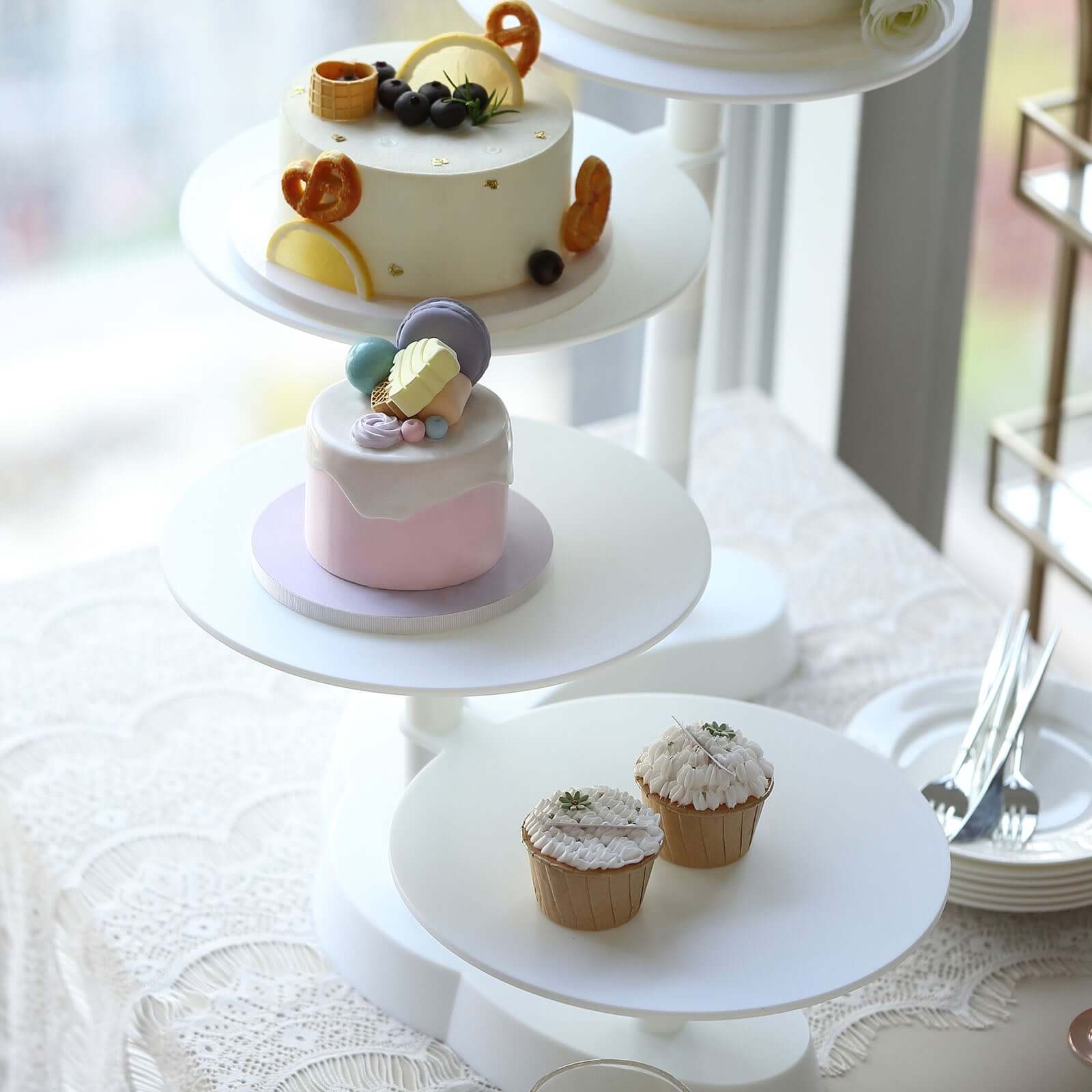 4-Tier Plastic Cake Stand with Half Moon Base White - Space Saving Multi-layer Cupcake Holder Dessert Tower for Weddings Tea Parties & Home Gatherings 17"