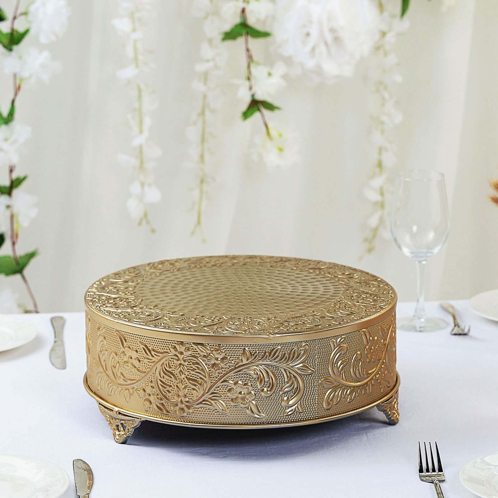 Metal 14" Round Cake Pedestal Stand Matte Gold - Cupcake Dessert Display Riser with Intricate Embossed Design for Upscale Events & Gatherings