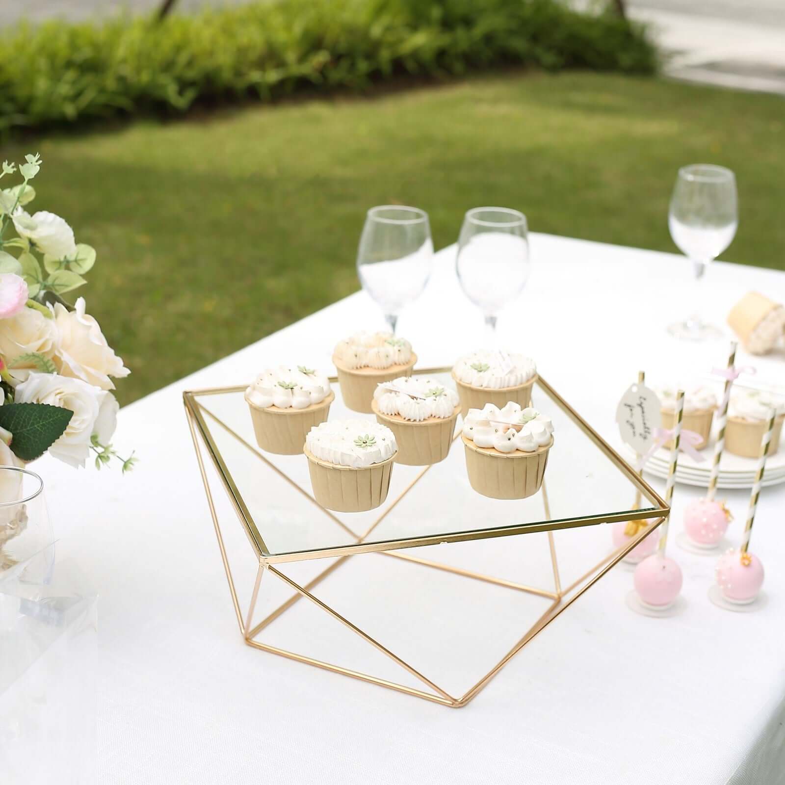Metal Cake Stand Geometric Pedestal Riser Design Gold with Square Glass Top - Display Centerpiece 12"