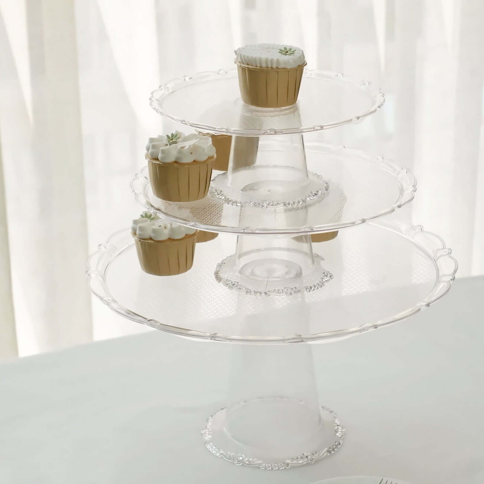 Set of 3 Plastic Round Pedestal Cake Stands Clear - Stackable Cupcake Display Holders with Scalloped Edges for Tea Parties Dessert Buffets & Banquets 9", 11", 15"