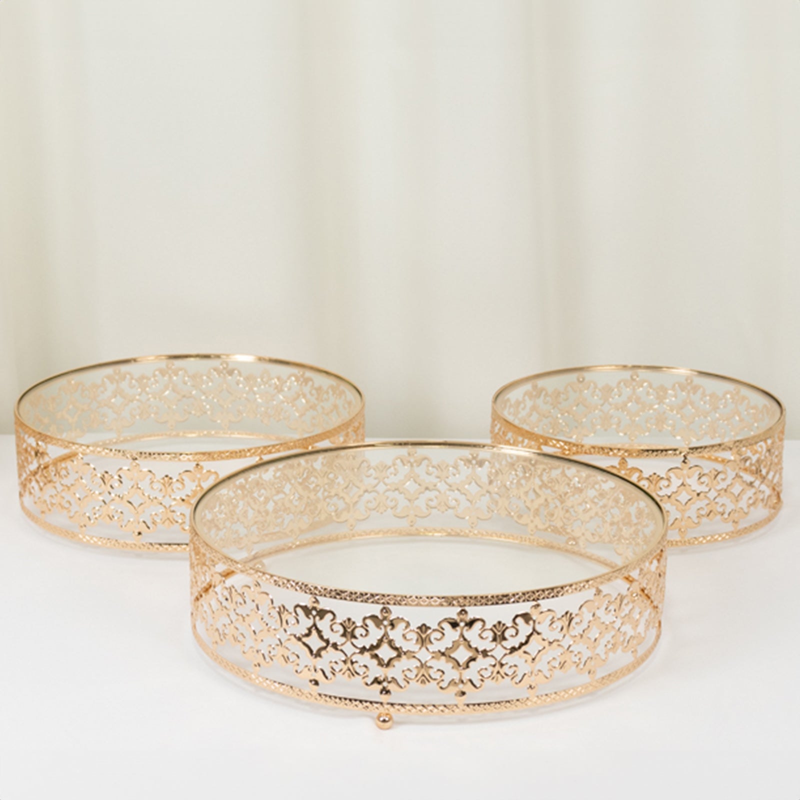 Set of 3 Cake Stands Baroque Ornate Design with Glass Top Gold - Stackable Dessert Display Trays Metal 10", 12", 14"