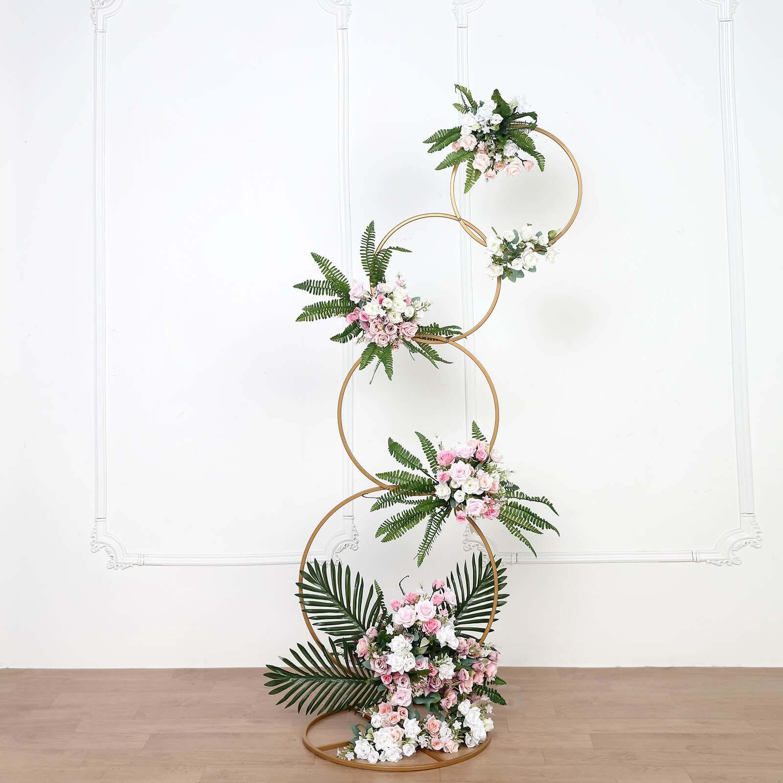 5ft 4-Tiered Gold Hoop Pillar Flower Stand, Metal Wedding Arch Table Centerpiece - Hoop Wreath