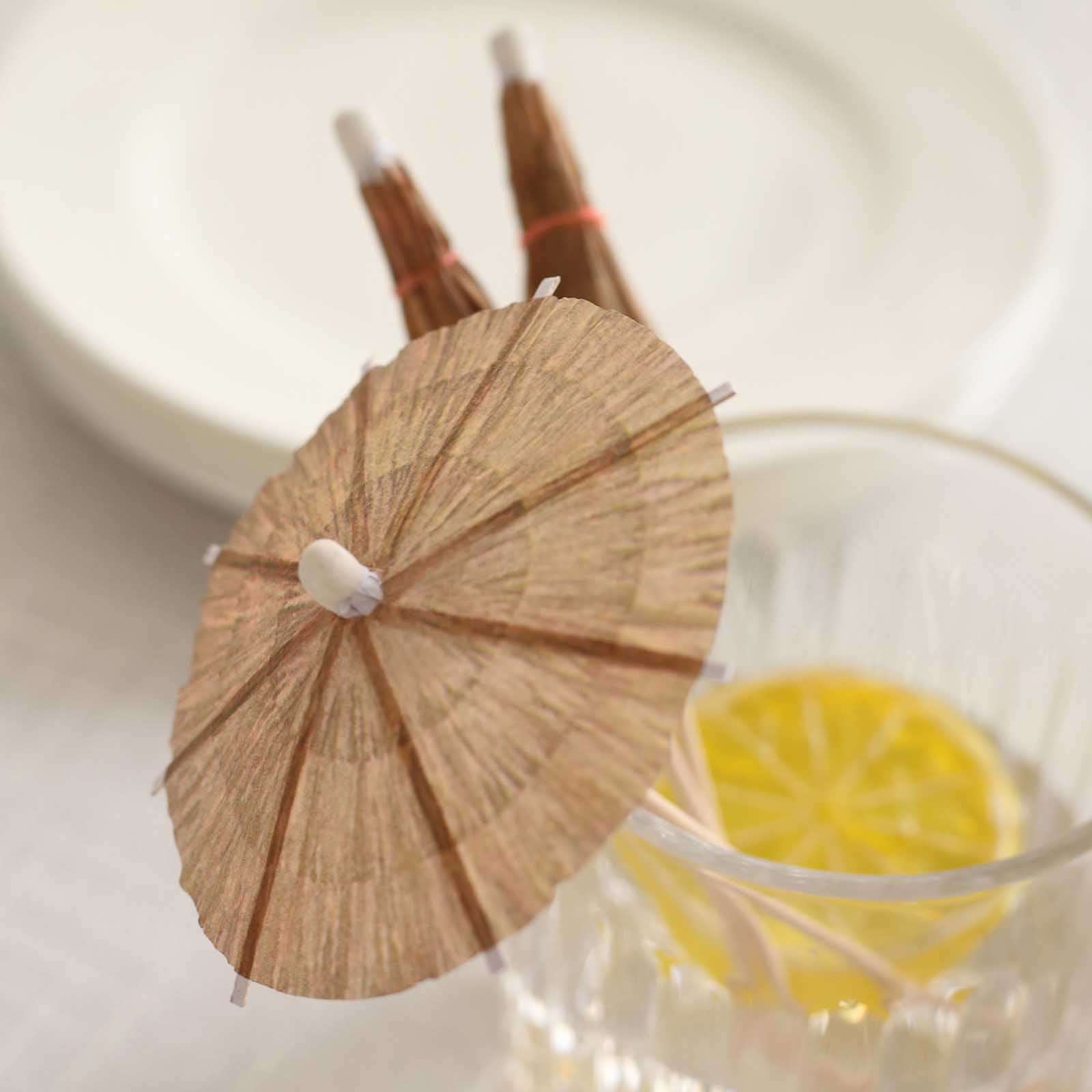 50-Pack Bamboo Cocktail Sticks Tiki Hut Paper Umbrella Design Eco Friendly Natural - Biodegradable Party Picks 6"