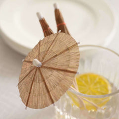 50-Pack Bamboo Cocktail Sticks Tiki Hut Paper Umbrella Design Eco Friendly Natural - Biodegradable Party Picks 6"