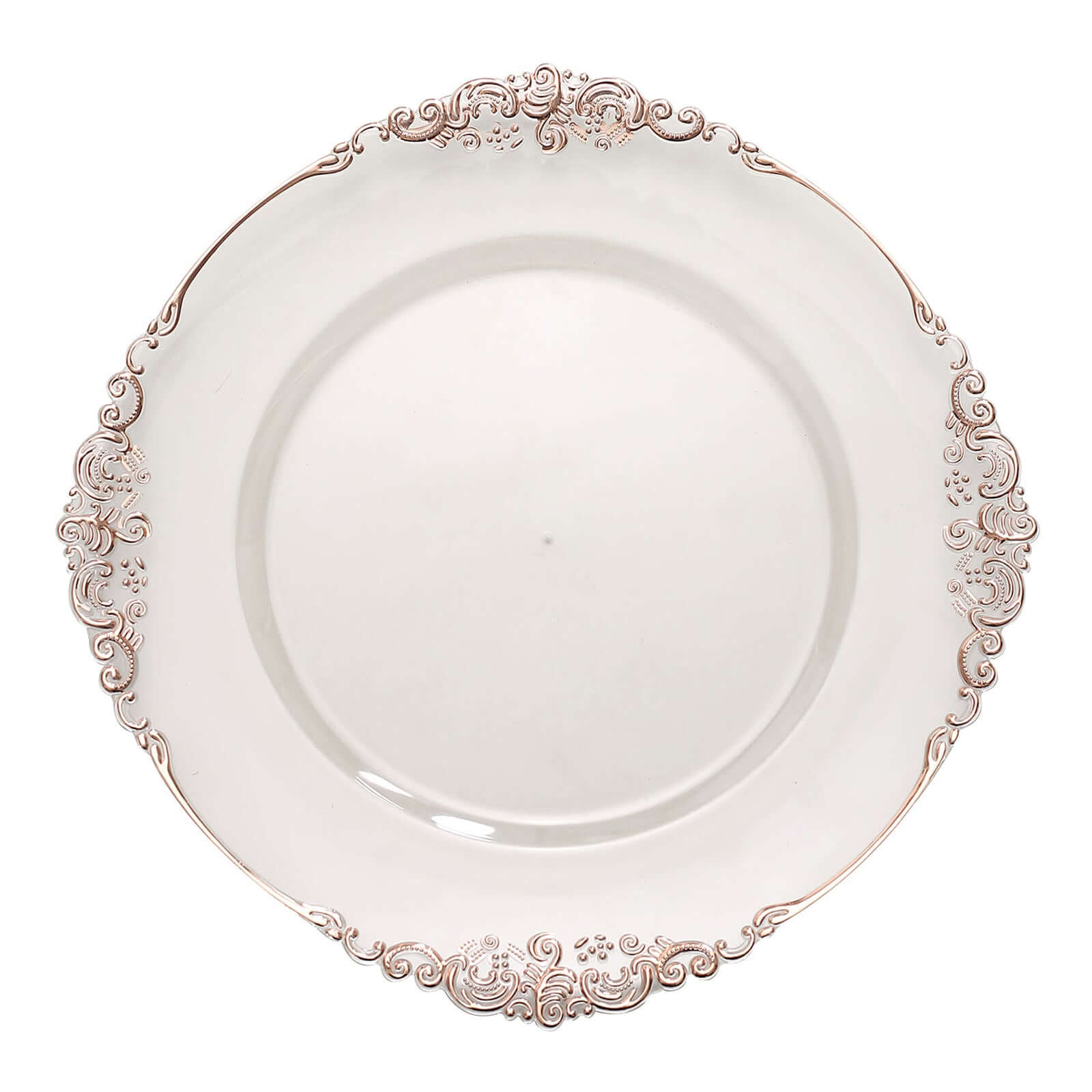 6-Pack Acrylic Round Charger Plates 13" in Clear with Rose Gold Embossed Baroque Rim, Antique Decorative Dinner Party Charger Tableware